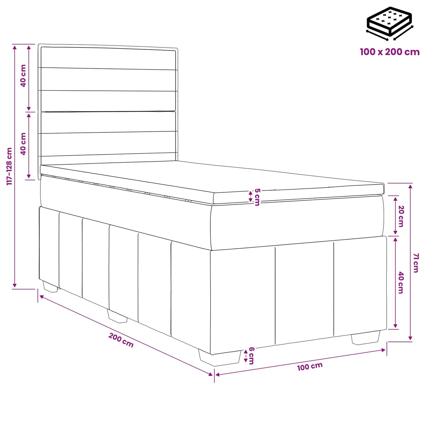 Boxmadras med topmadras Mørkegrå 100 x 200 cm Stof