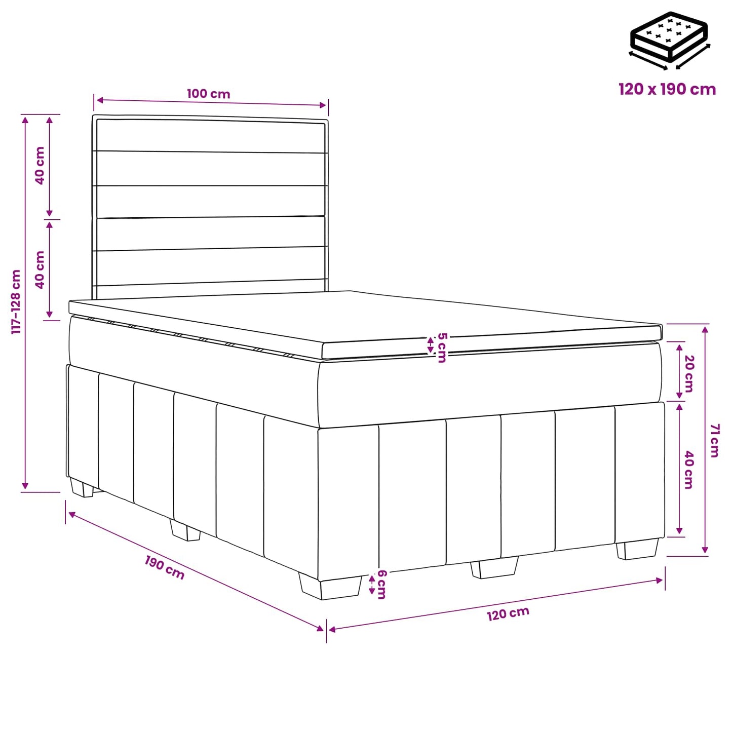 Boxmadras med topmadras Lysegrå 120 x 190 cm Stof