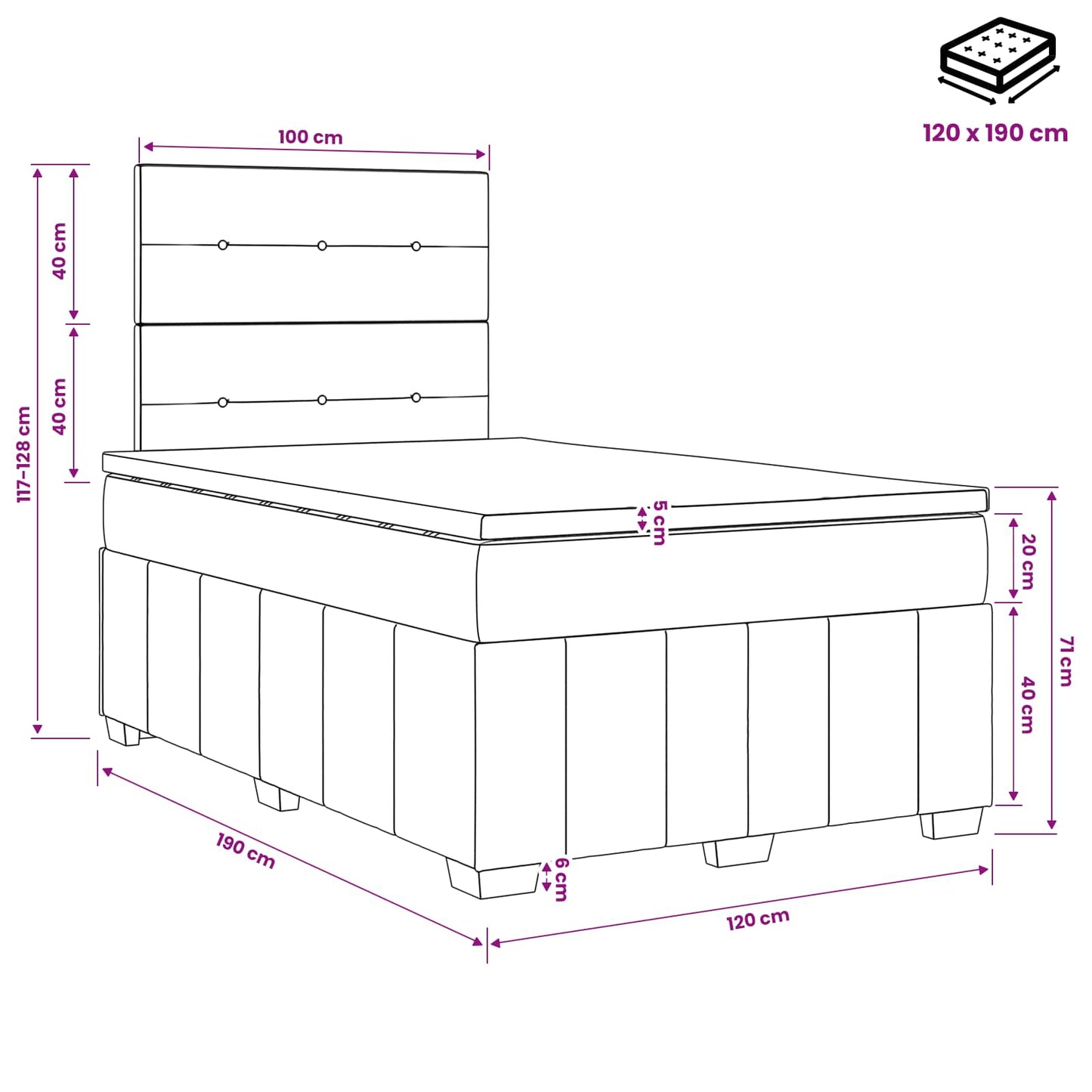 Boxmadras med topmadras Mørkegrå 120 x 190 cm Stof