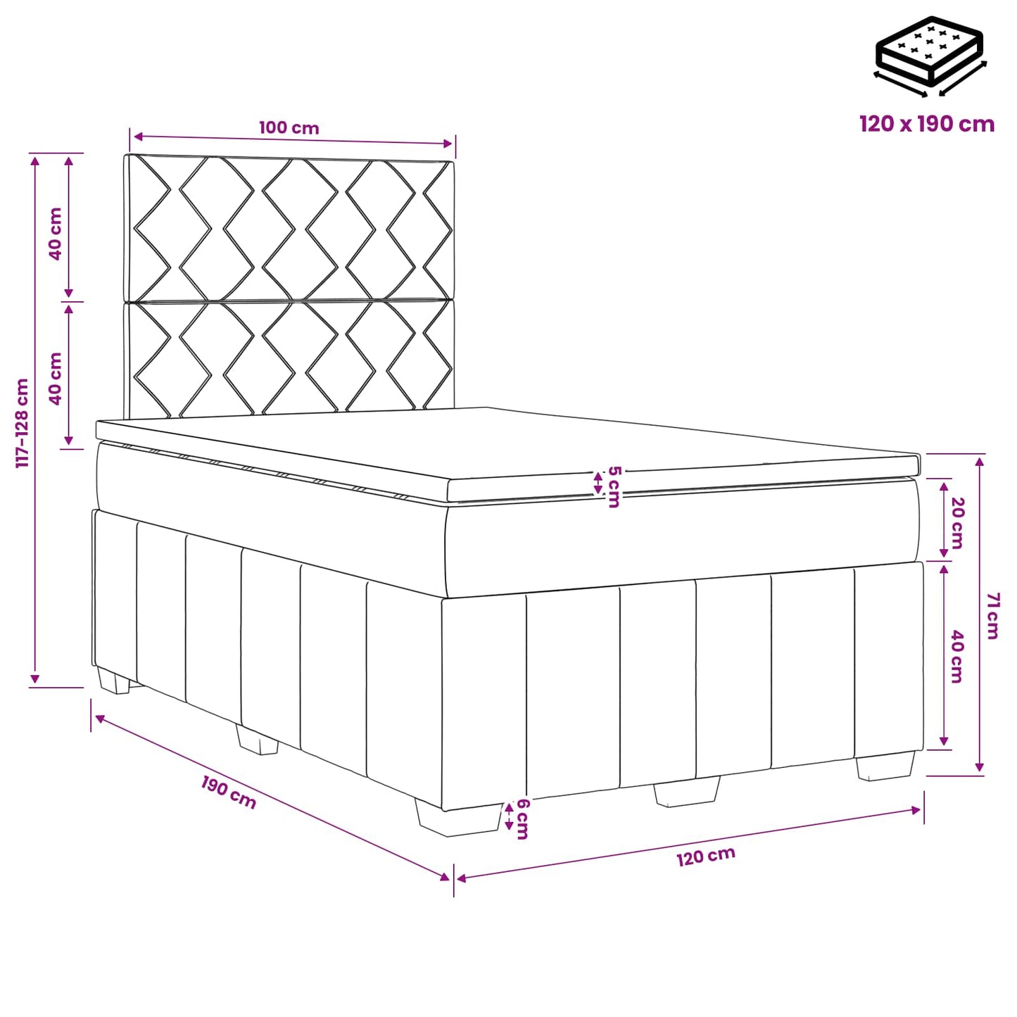 Boxmadras med topmadras Mørkegrå 120 x 190 cm Stof