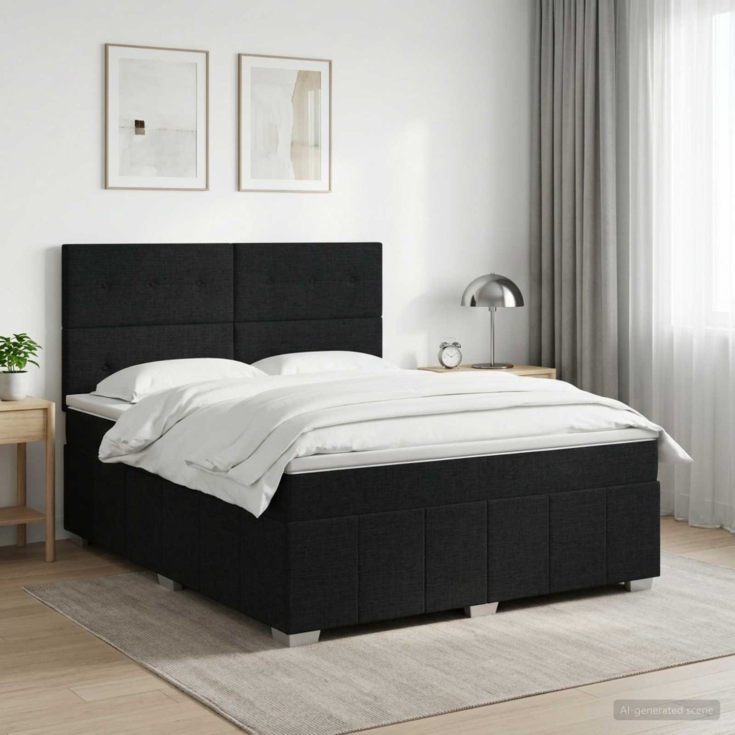 Boxmadras med topmadras med hovedgærde Sort 140 x 200 cm Stof