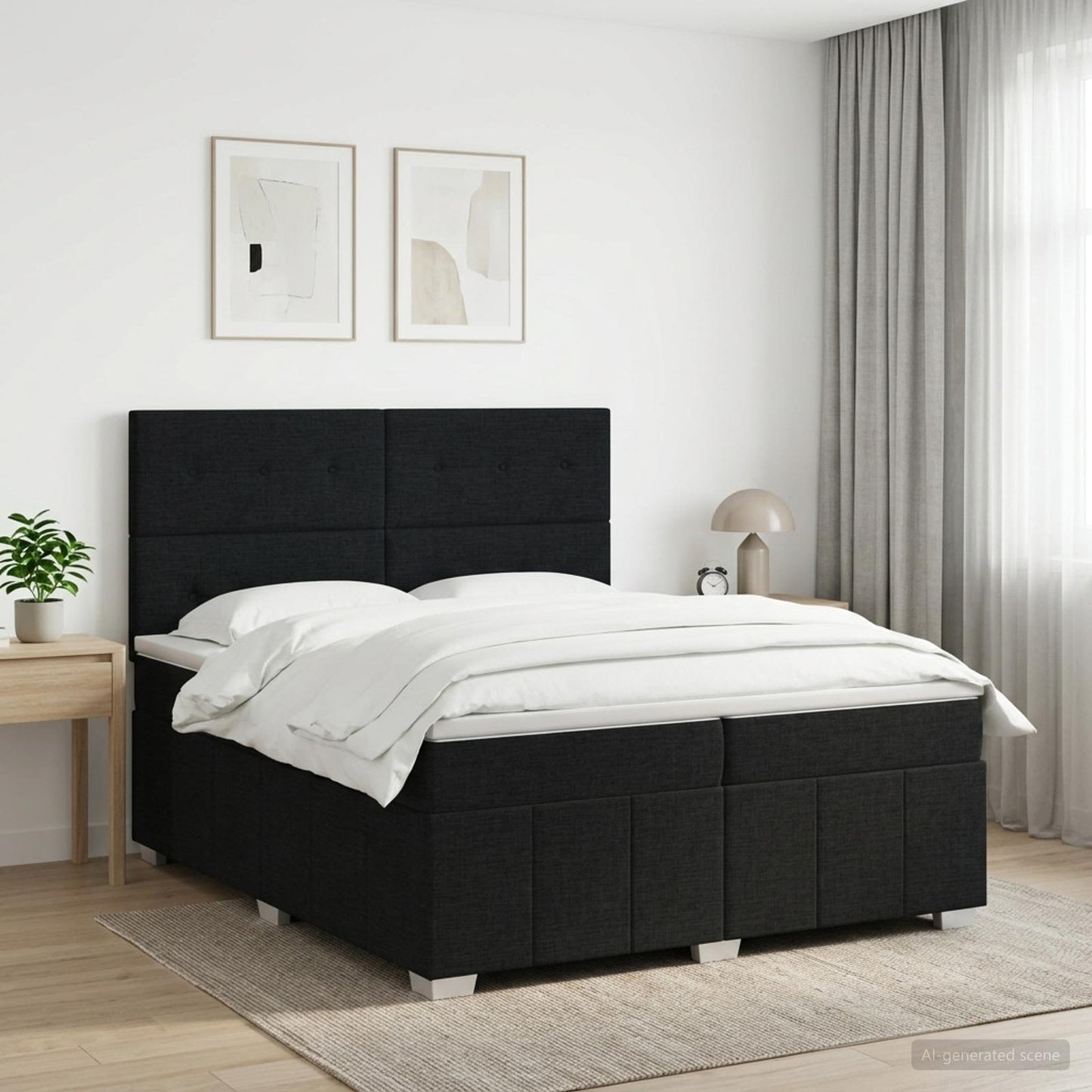 Boxmadras med topmadras med hovedgærde Sort 200 x 200 cm Stof