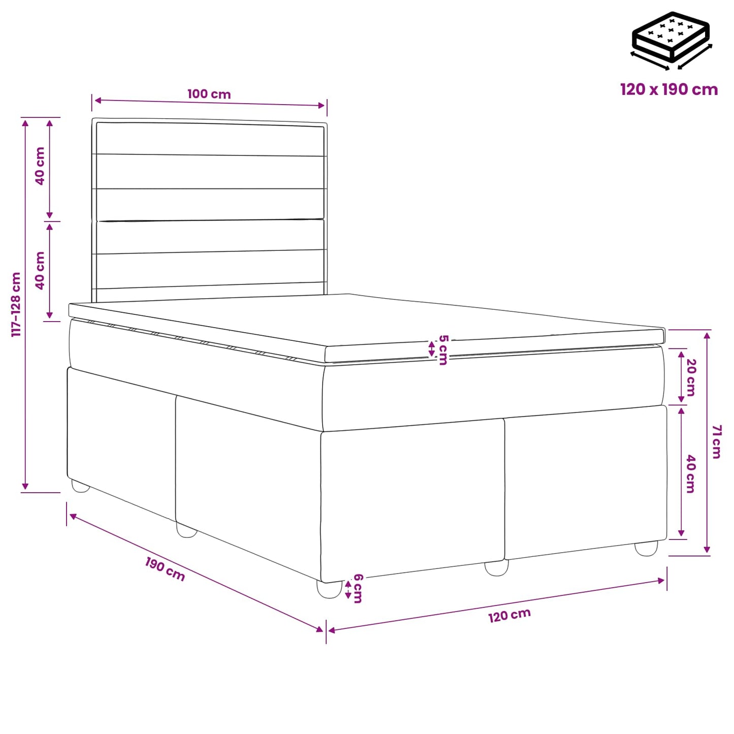 Boxmadras med topmadras Cremefarvet 120 x 190 cm Stof