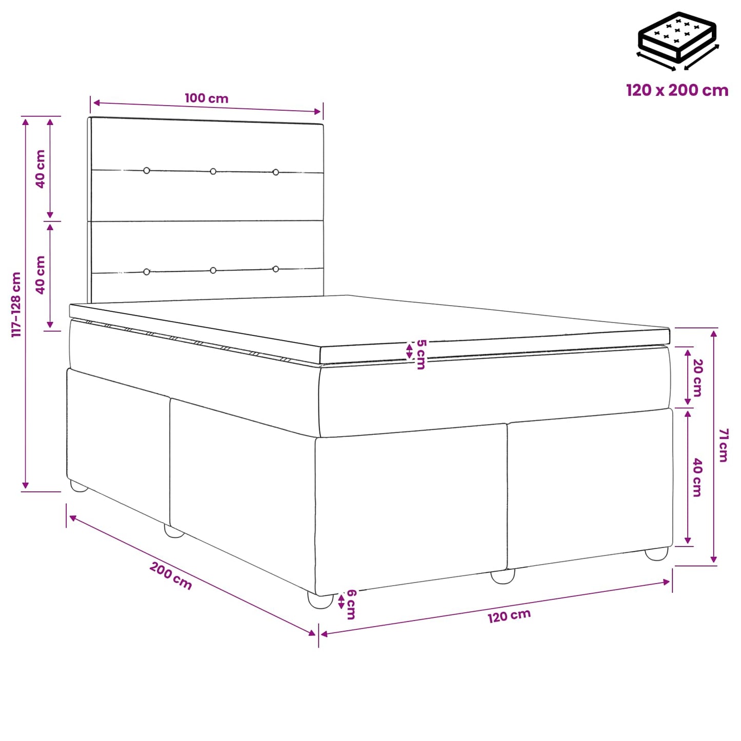 Boxmadras med topmadras med hovedgærde Sort 120 x 200 cm Stof
