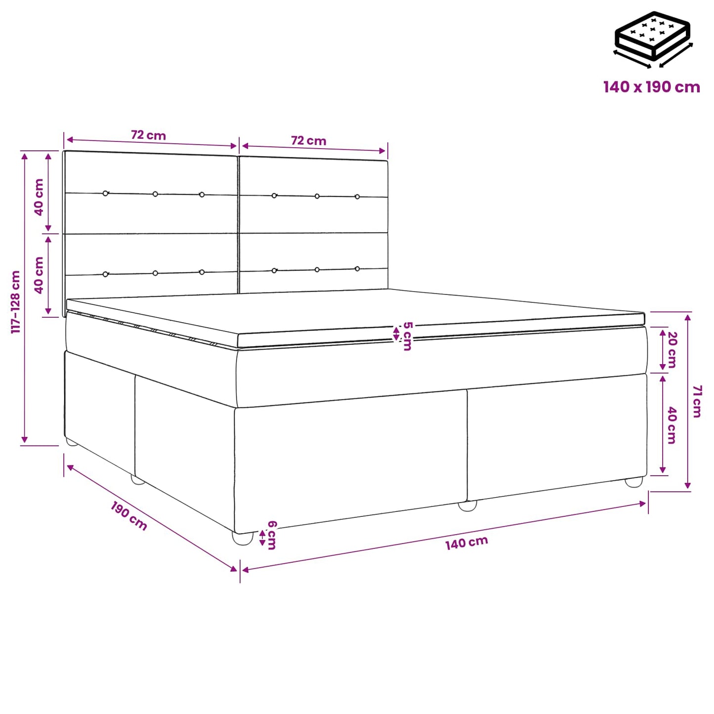 Boxmadras med topmadras med hovedgærde Sort 140 x 190 cm Stof