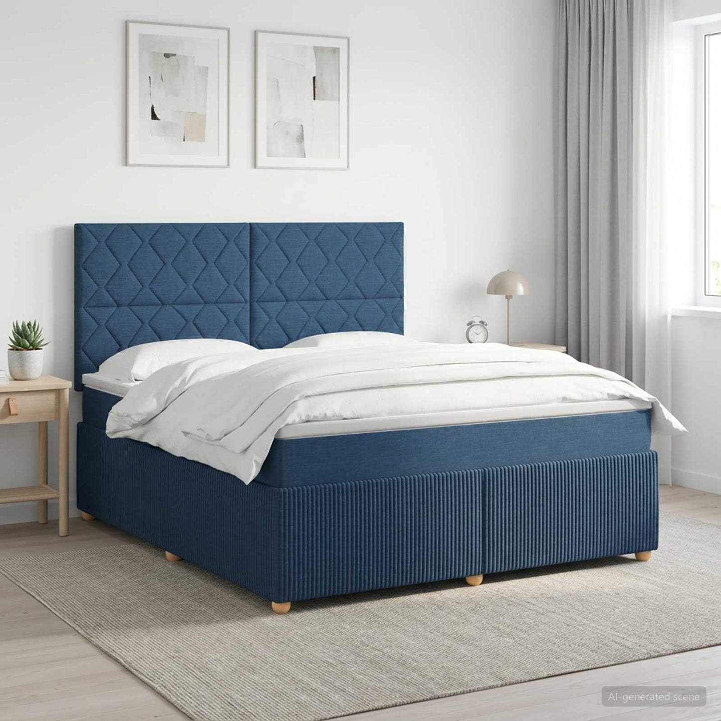 Boxmadras med topmadras med hovedgærde Blå 180 x 200 cm Stof