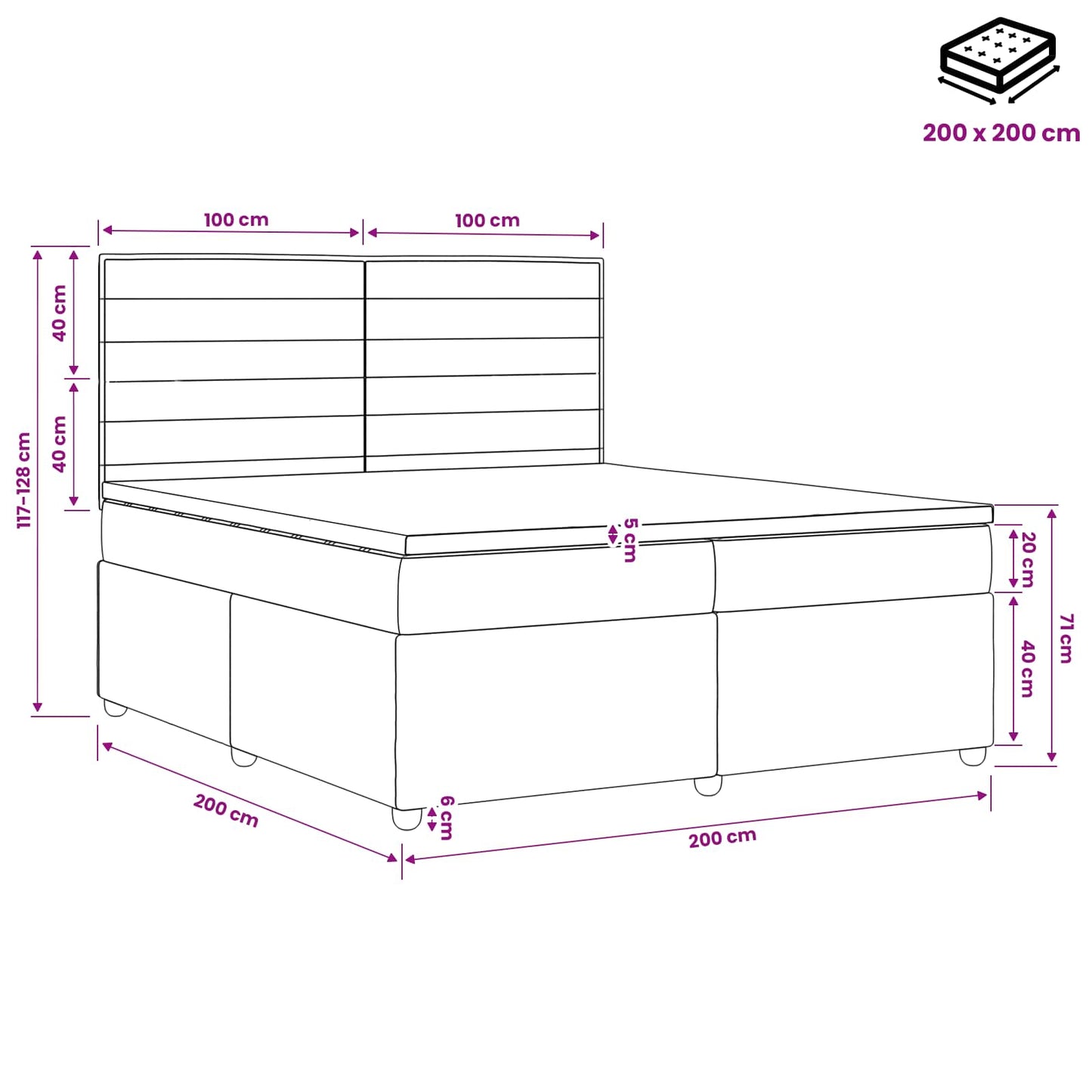 Boxmadras med topmadras Lysegrå 200 x 200 cm Stof