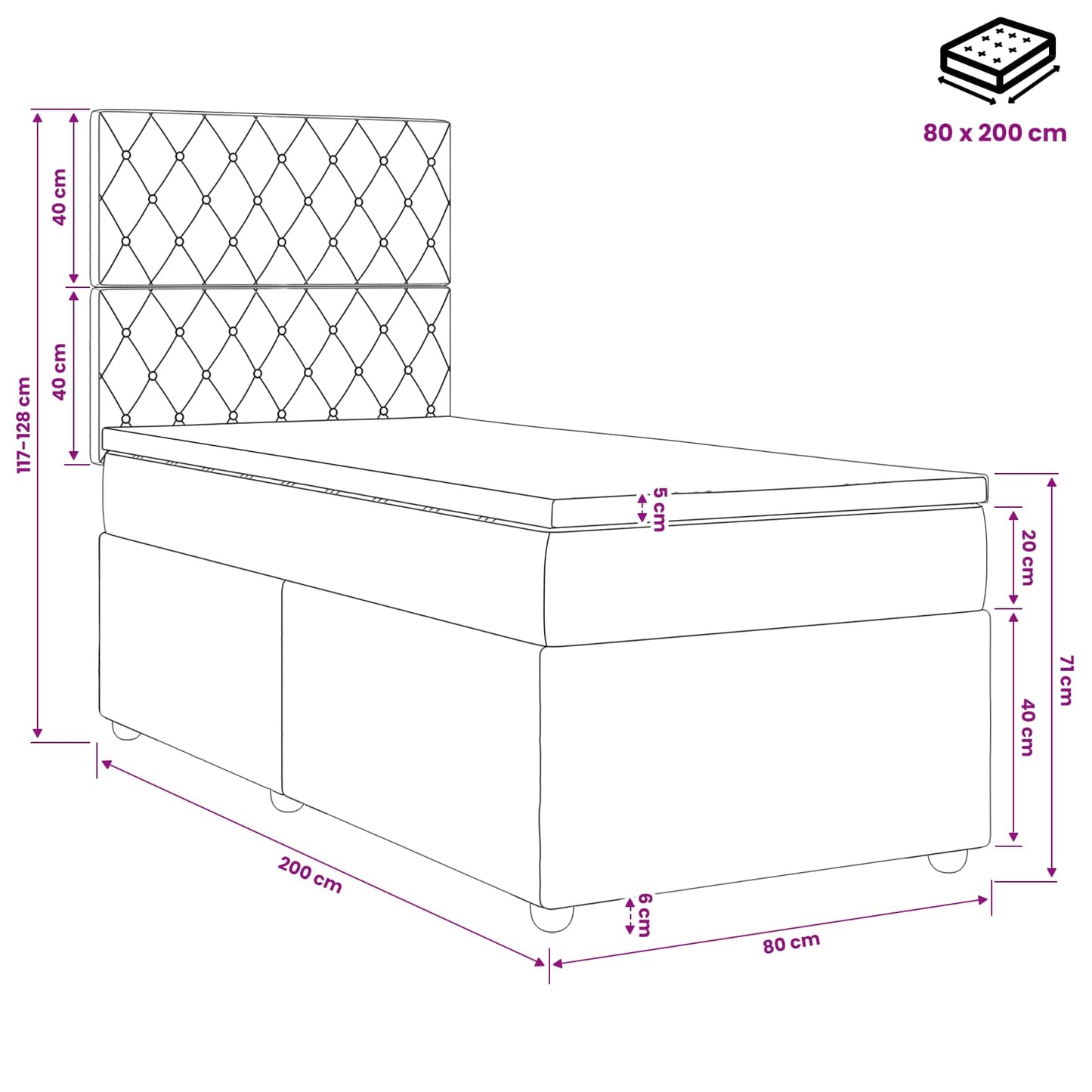 Boxmadras med topmadras Lyserød 80 x 200 cm Fløjl