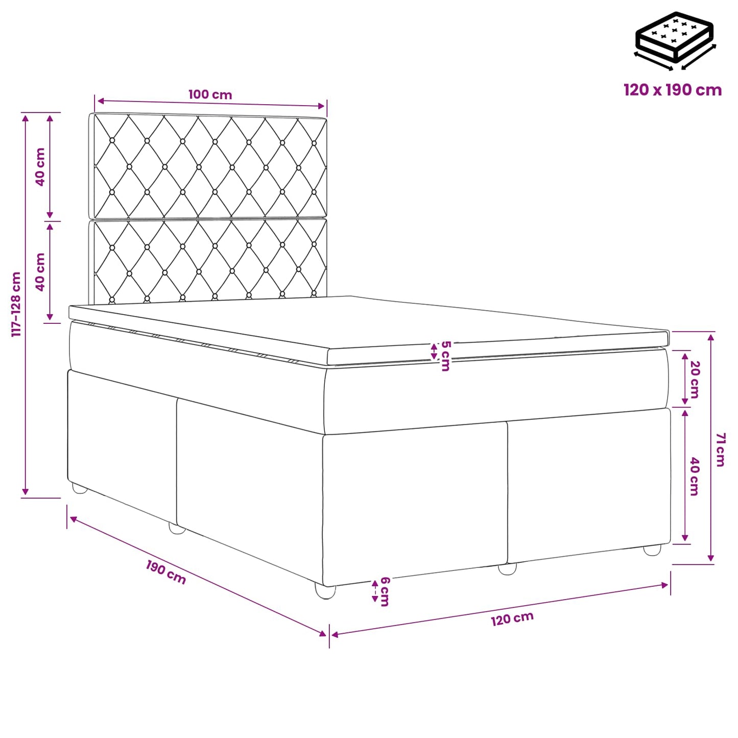 Boxmadras med topmadras med hovedgærde Blå 120 x 190 cm Fløjl