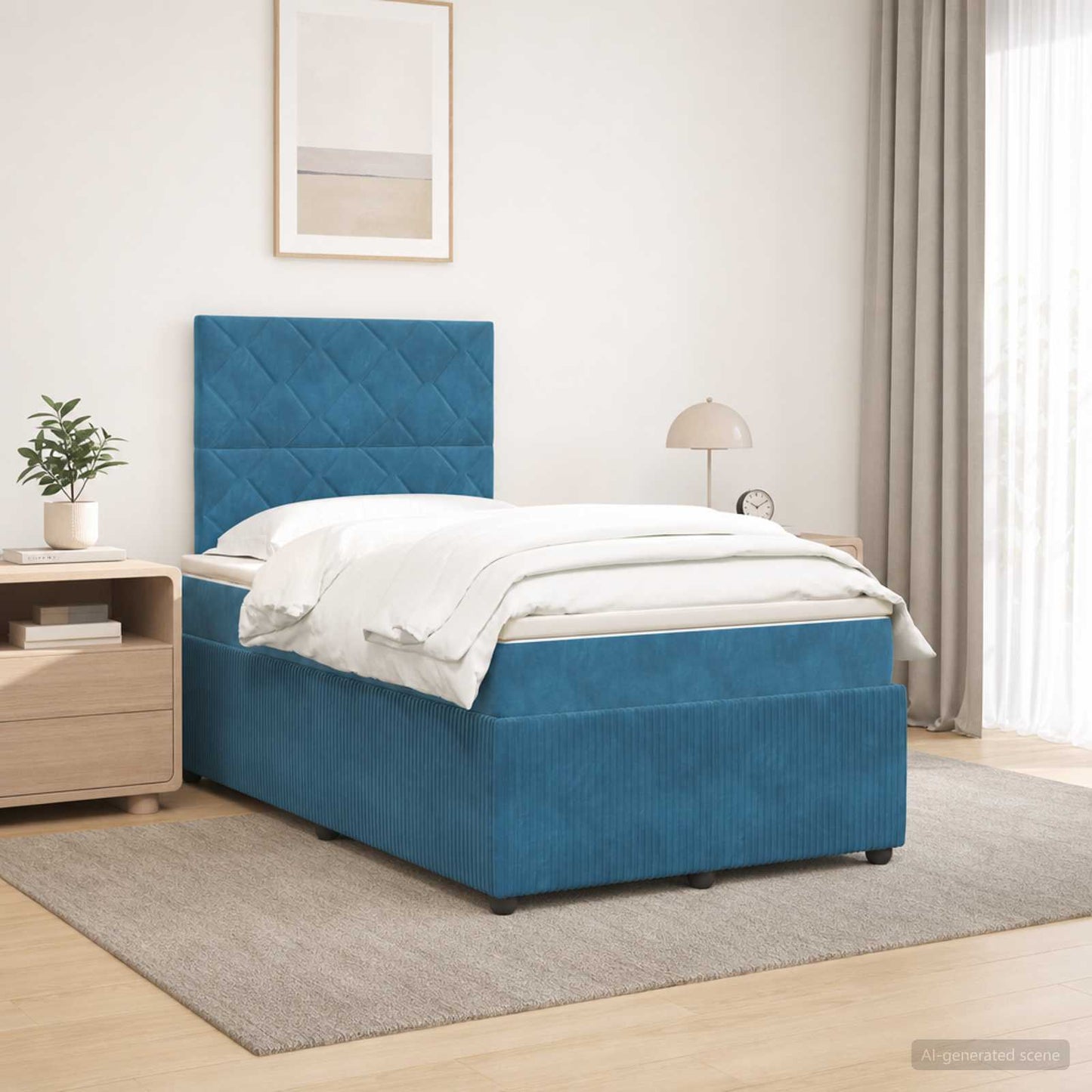 Boxmadras med topmadras med hovedgærde Blå 120 x 190 cm Fløjl