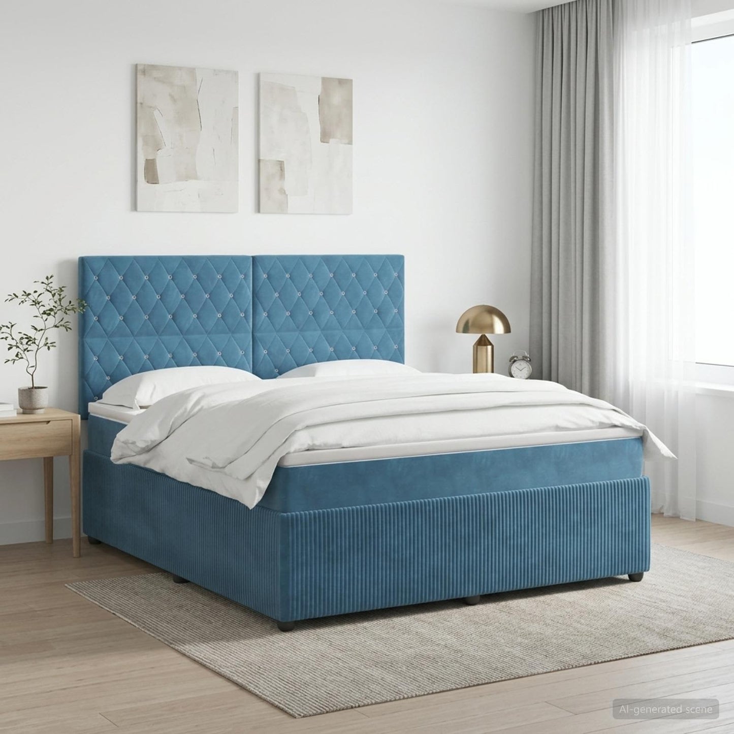 Boxmadras med topmadras med hovedgærde Blå 160 x 200 cm Fløjl