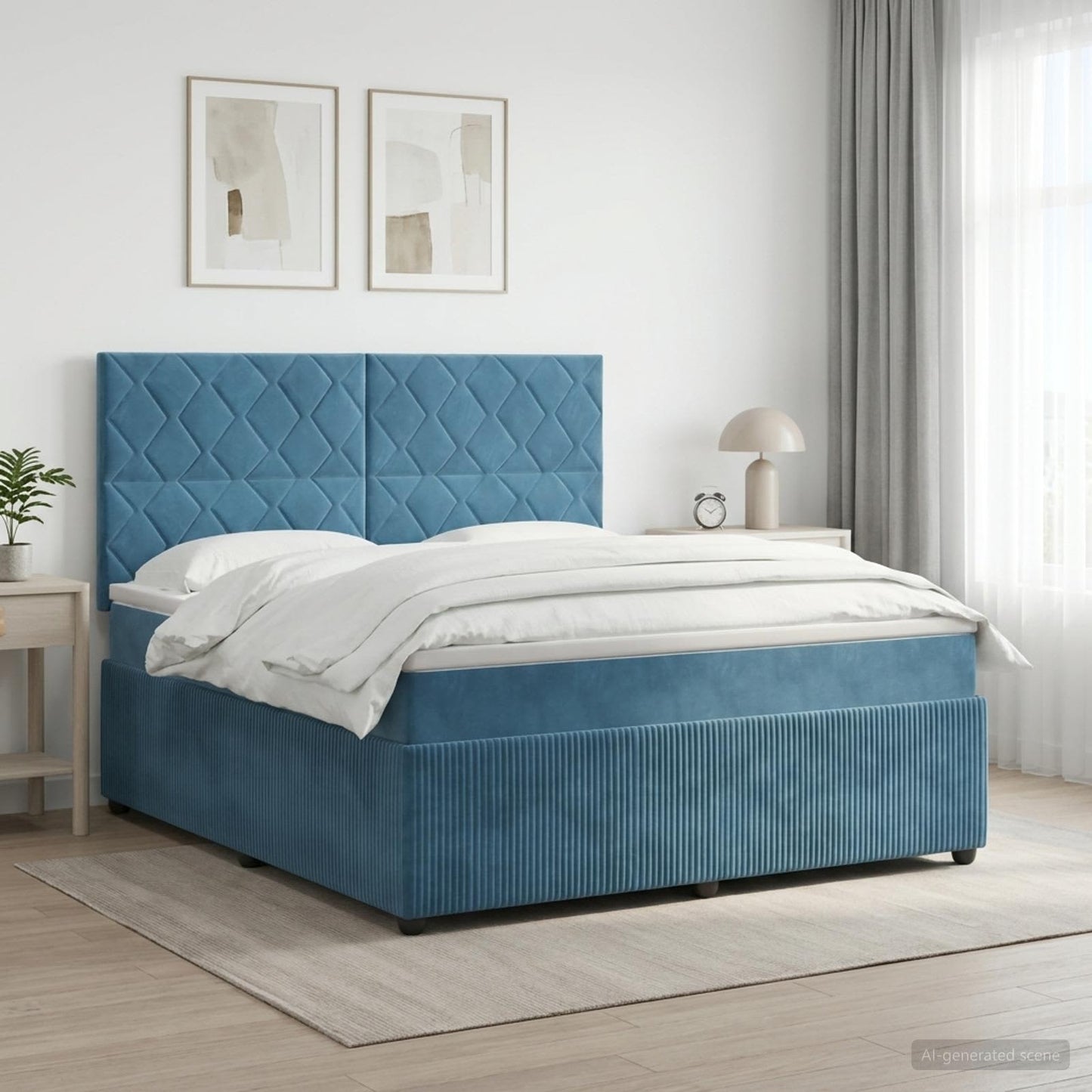 Boxmadras med topmadras med hovedgærde Blå 180 x 200 cm Fløjl