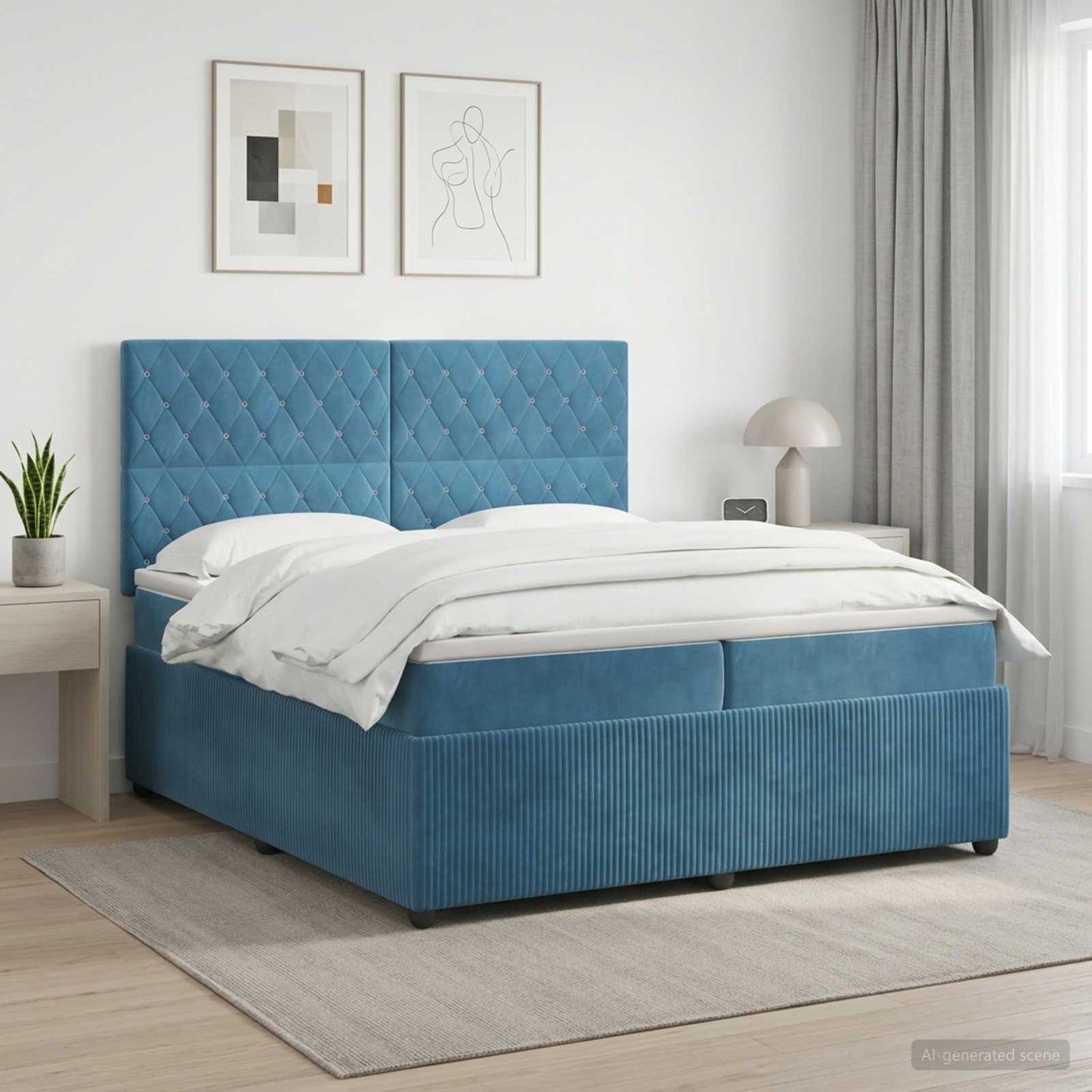 Boxmadras med topmadras med hovedgærde Blå 200 x 200 cm Fløjl