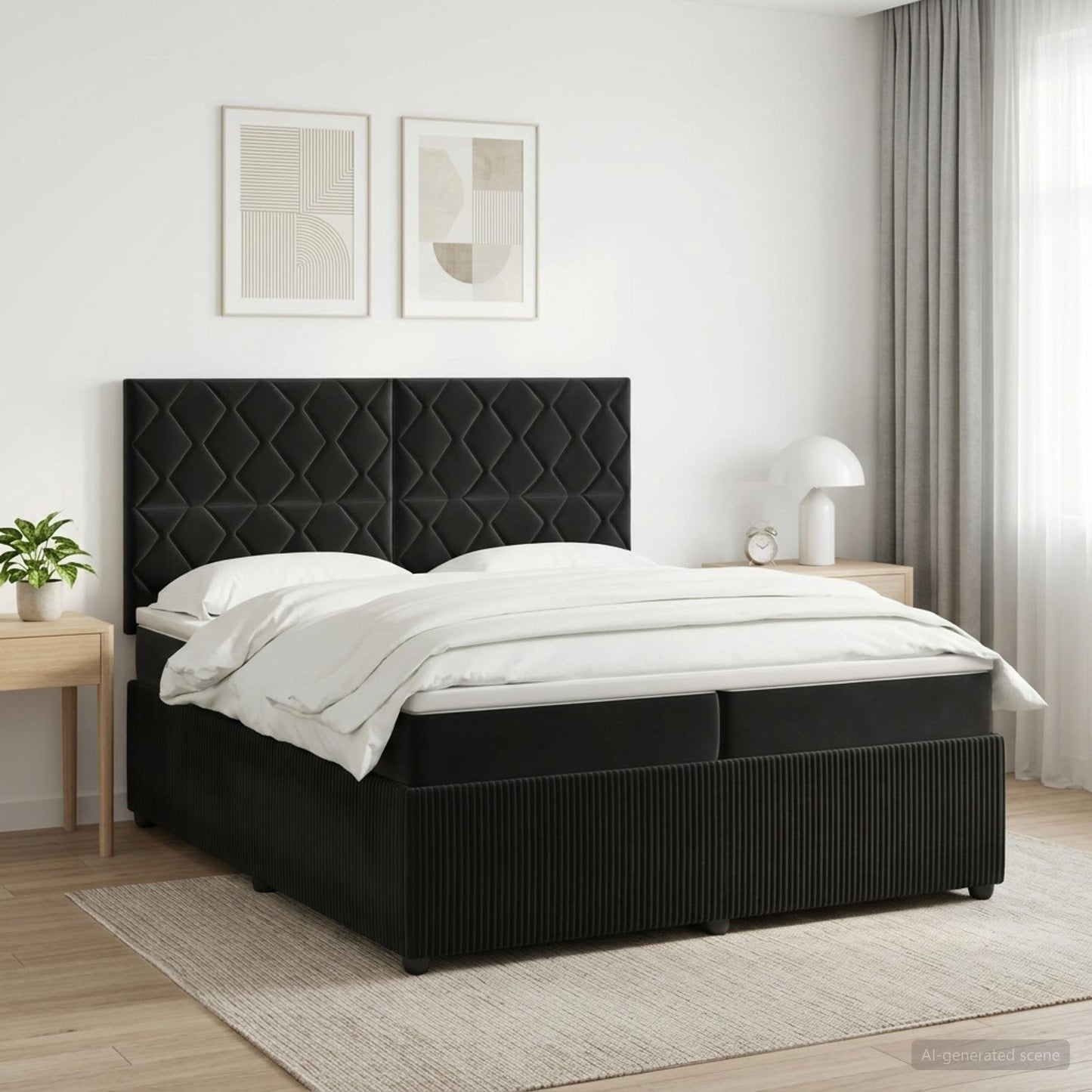 Boxmadras med topmadras med hovedgærde Sort 200 x 200 cm Fløjl