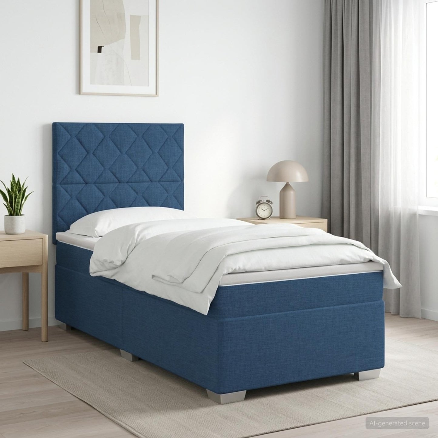 Boxmadras med topmadras med hovedgærde Blå 90 x 190 cm Stof