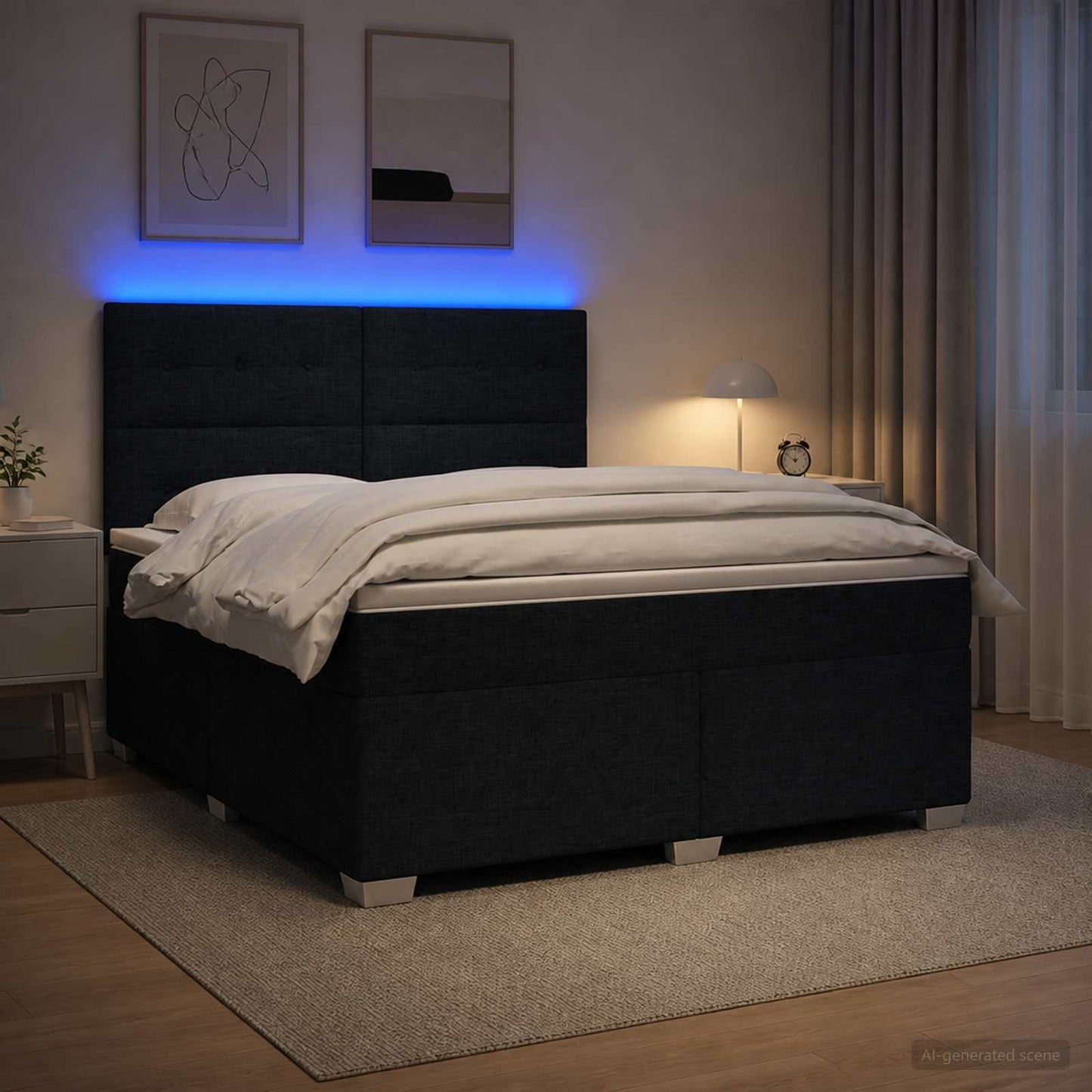 Boxmadras med topmadras med hovedgærde Sort 140 x 190 cm Stof