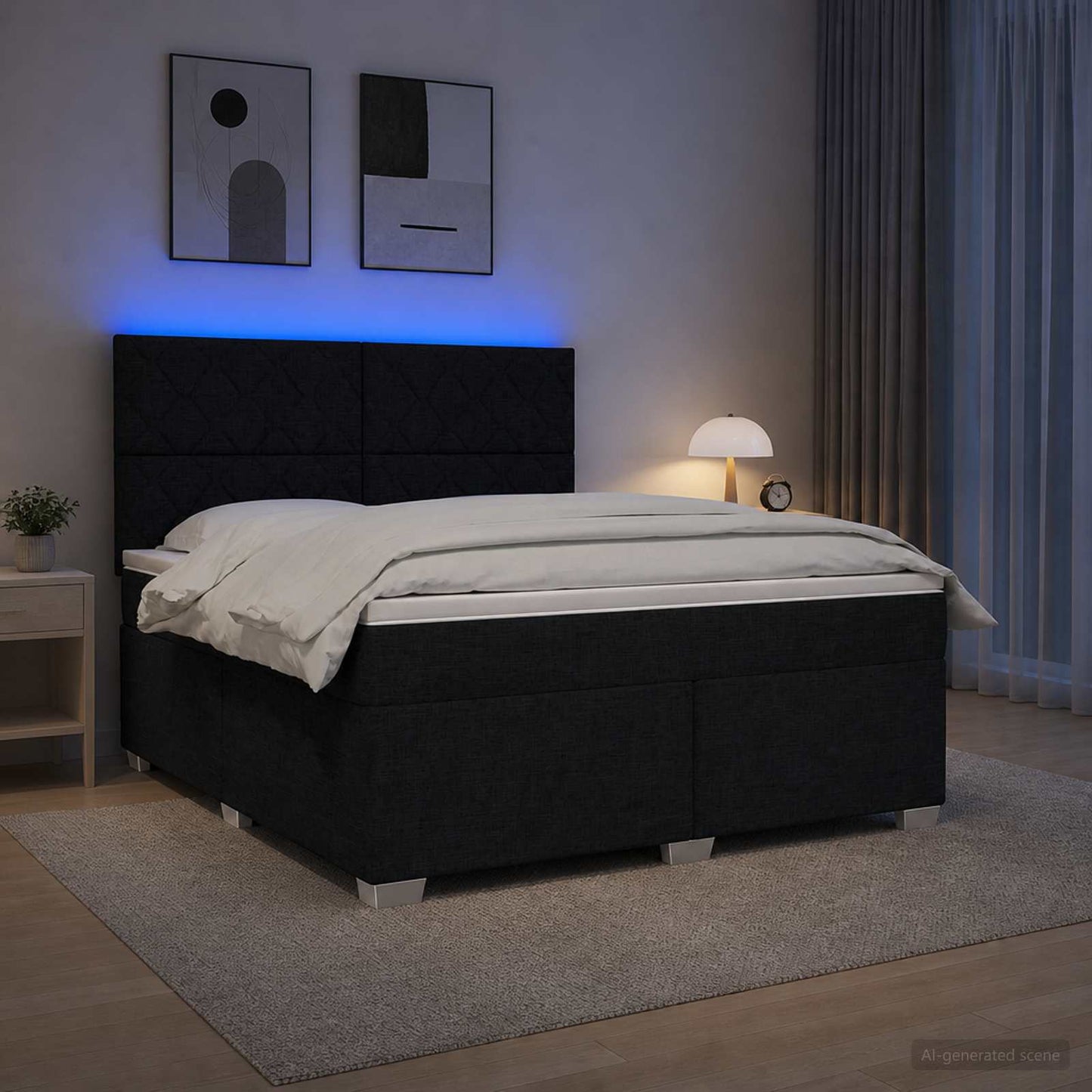 Boxmadras med topmadras med hovedgærde Sort 140 x 200 cm Stof