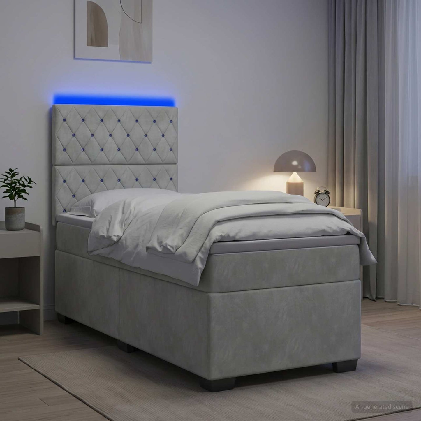 Box Spring Seng med Madras og LED Lysegrå 90 x 190 cm Fløjl