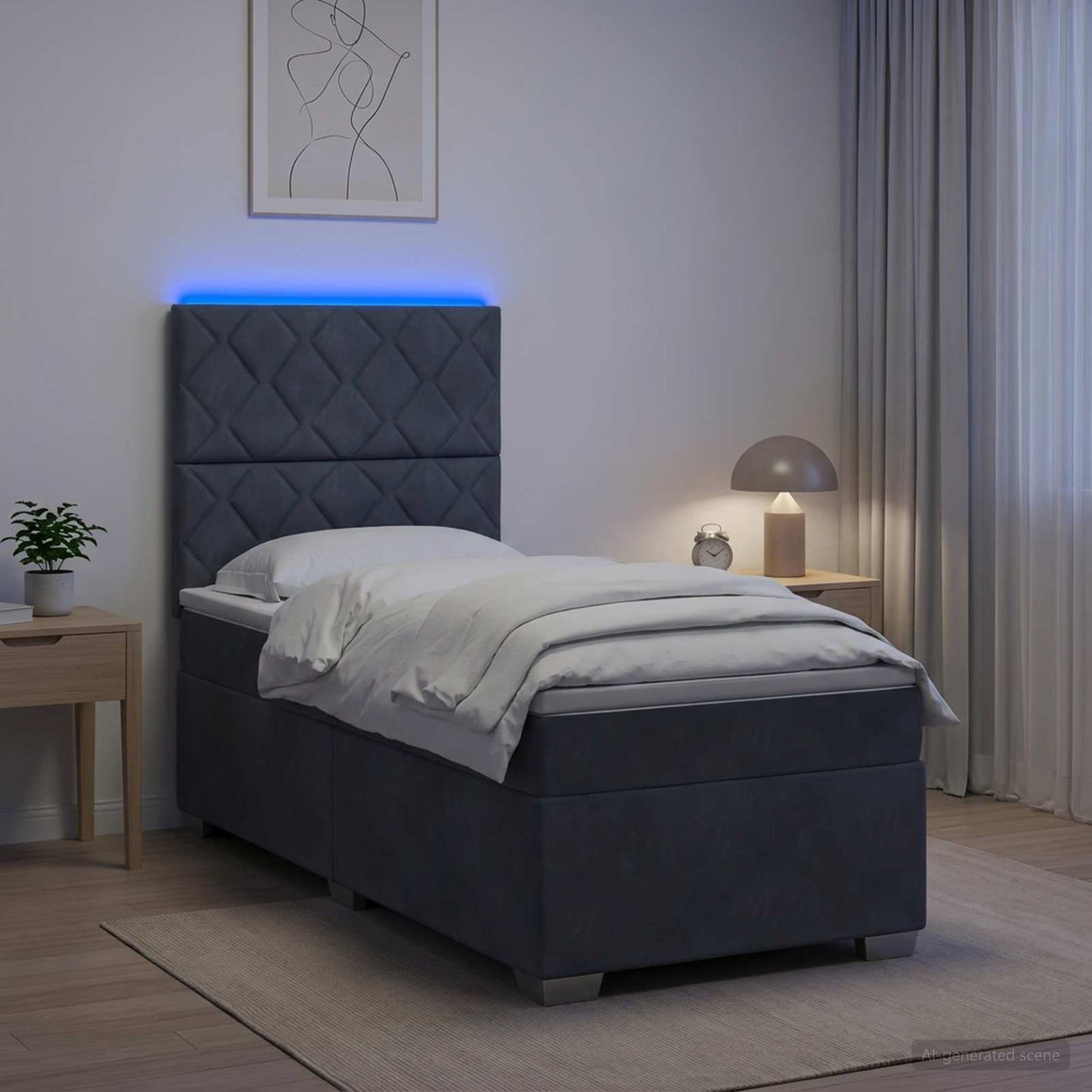 Box Spring Seng med Madras og LED Mørkegrå 90 x 190 cm Fløjl