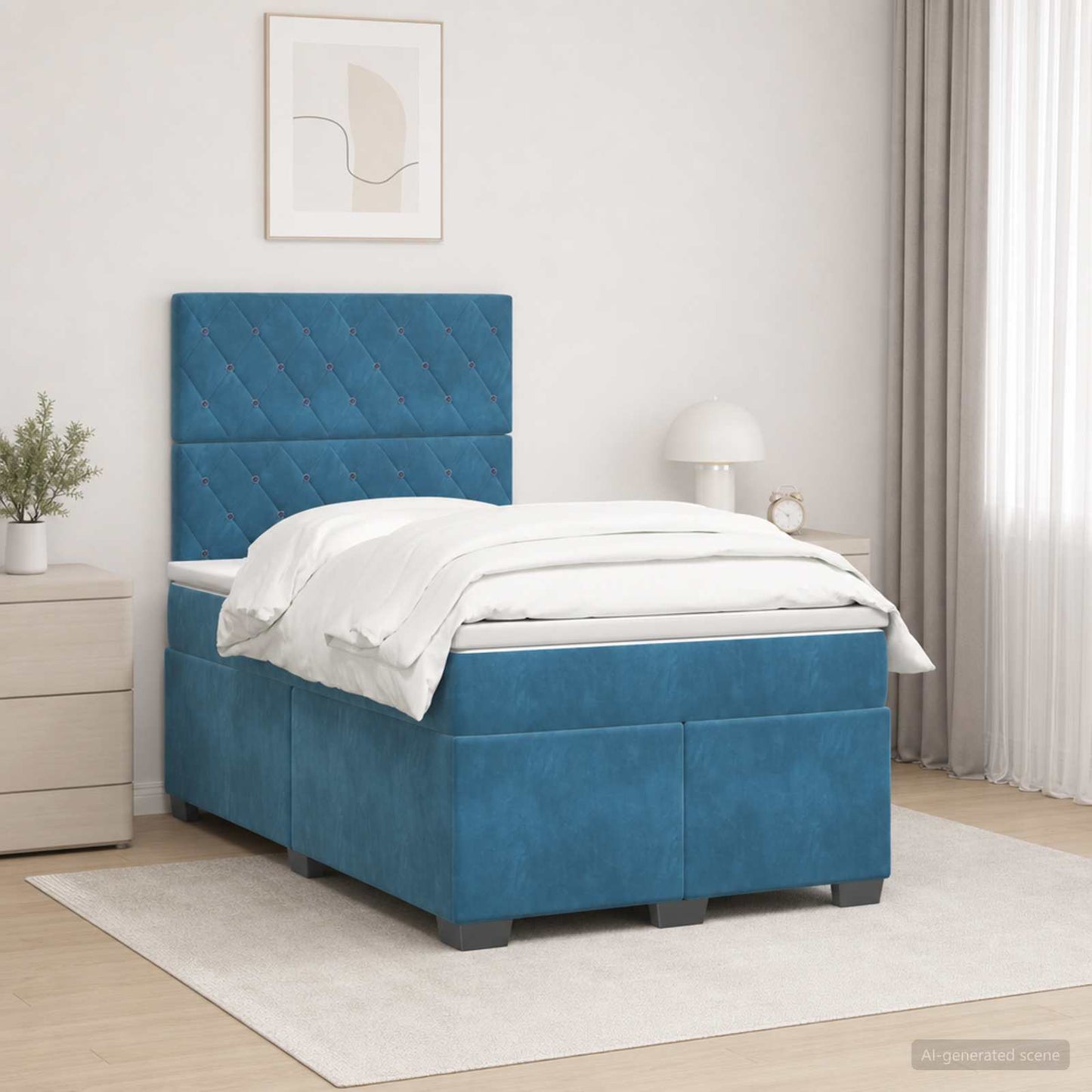 Boxmadras med topmadras med hovedgærde Blå 120 x 190 cm Fløjl