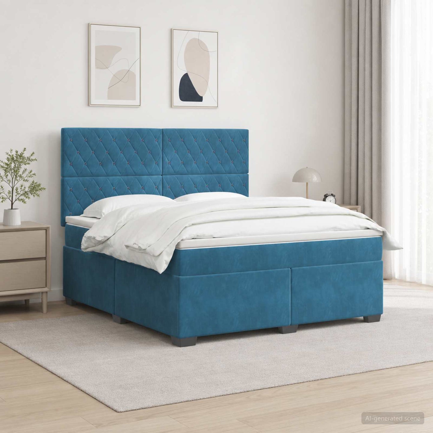 Boxmadras med topmadras med hovedgærde Blå 140 x 190 cm Fløjl