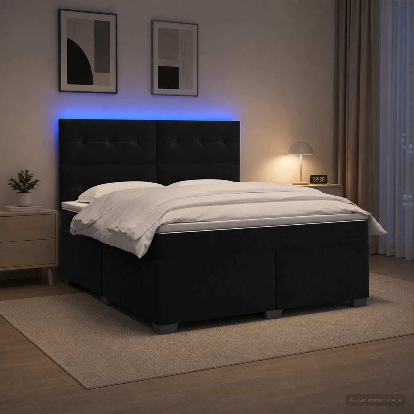 Boxmadras med topmadras med hovedgærde Sort 160 x 200 cm Fløjl