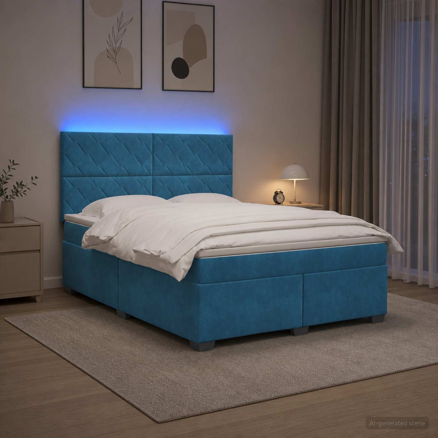 Boxmadras med topmadras med hovedgærde Blå 180 x 200 cm Fløjl