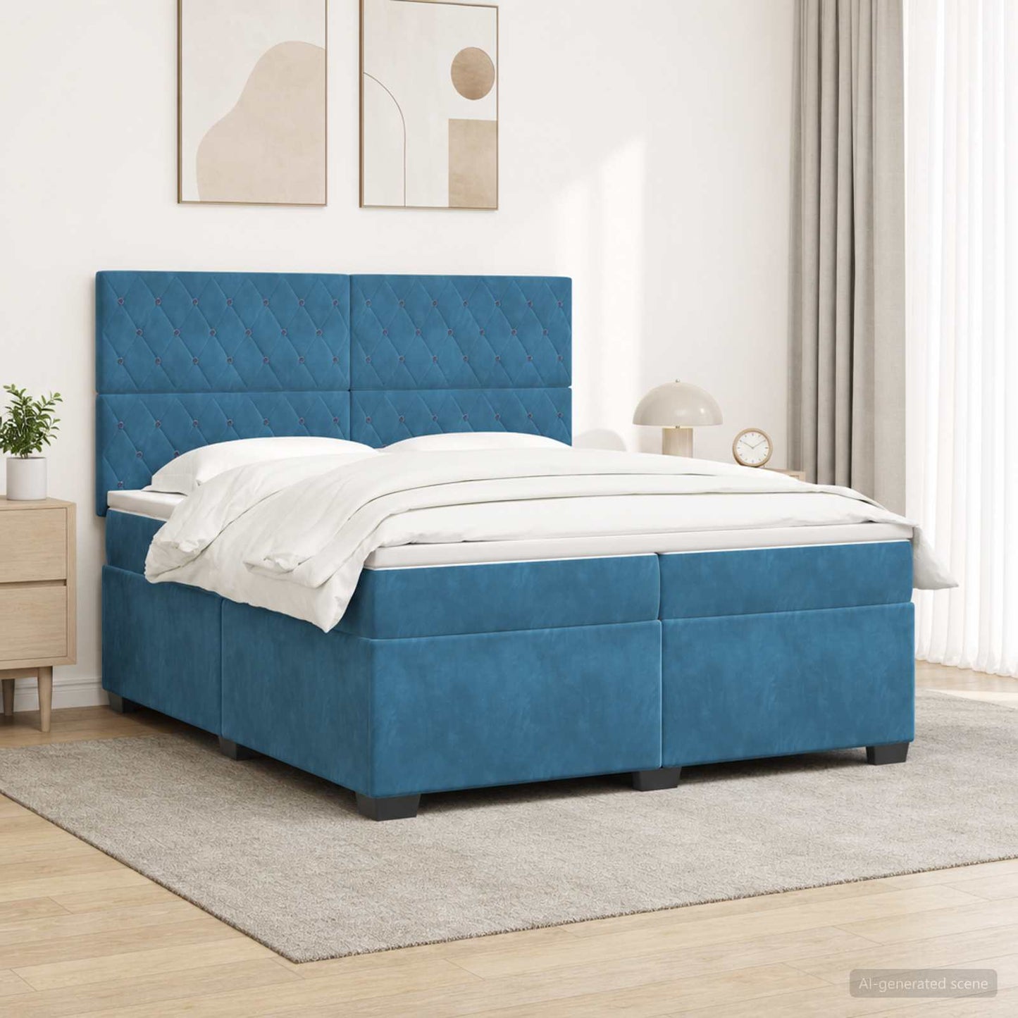 Boxmadras med topmadras med hovedgærde Blå 200 x 200 cm Fløjl