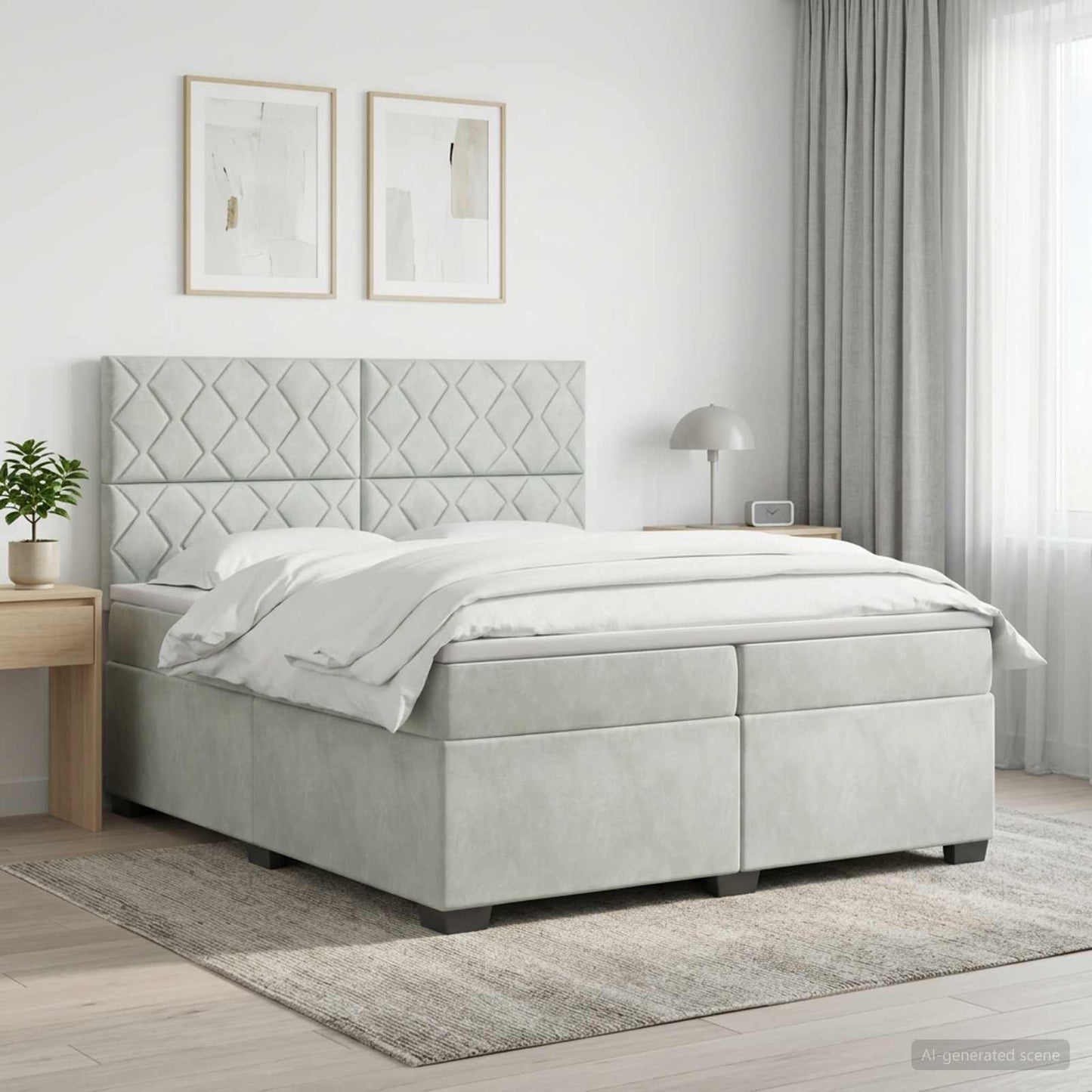 Boxmadras med topmadras Lysegrå 200 x 200 cm Fløjl