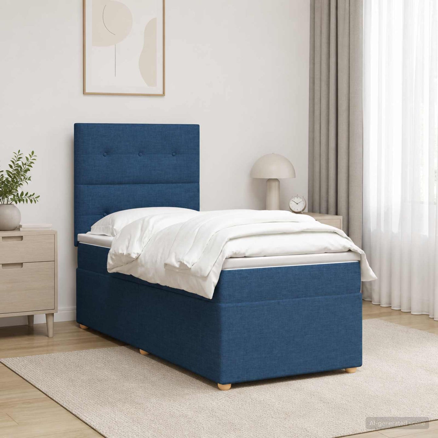 Boxmadras med topmadras med hovedgærde Blå 90 x 190 cm Stof