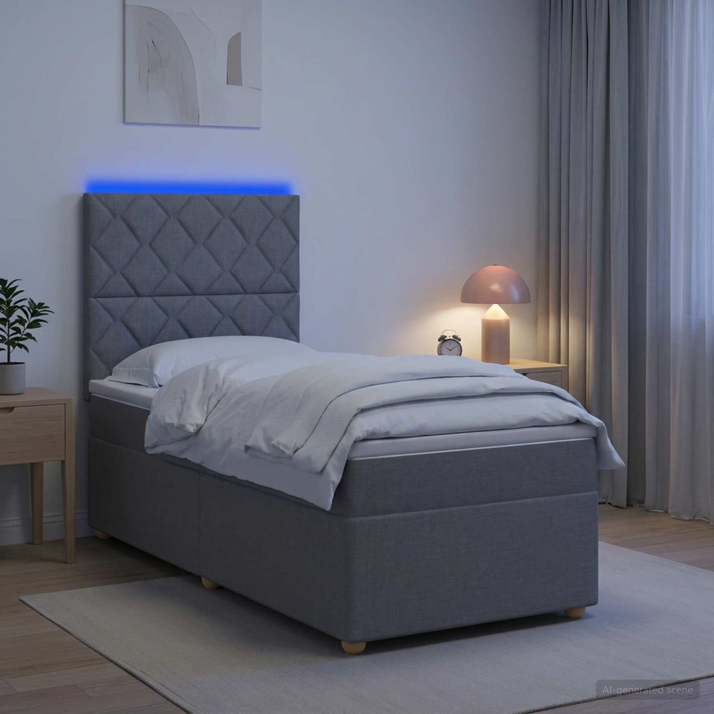 LED boksmadrasseng med madras Lysegrå 90 x 190 cm Stof