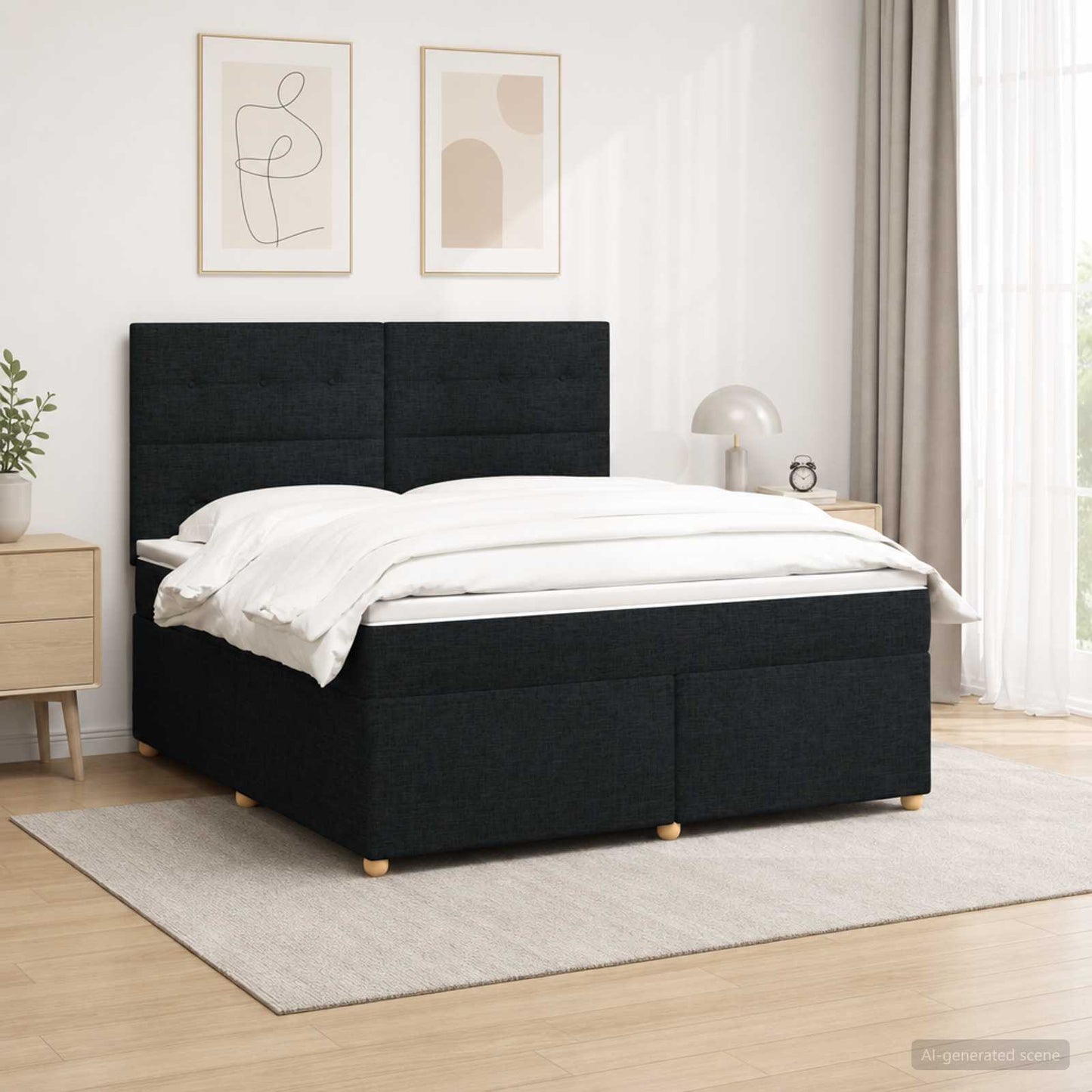 Boxmadras med topmadras med hovedgærde Sort 140 x 200 cm Stof