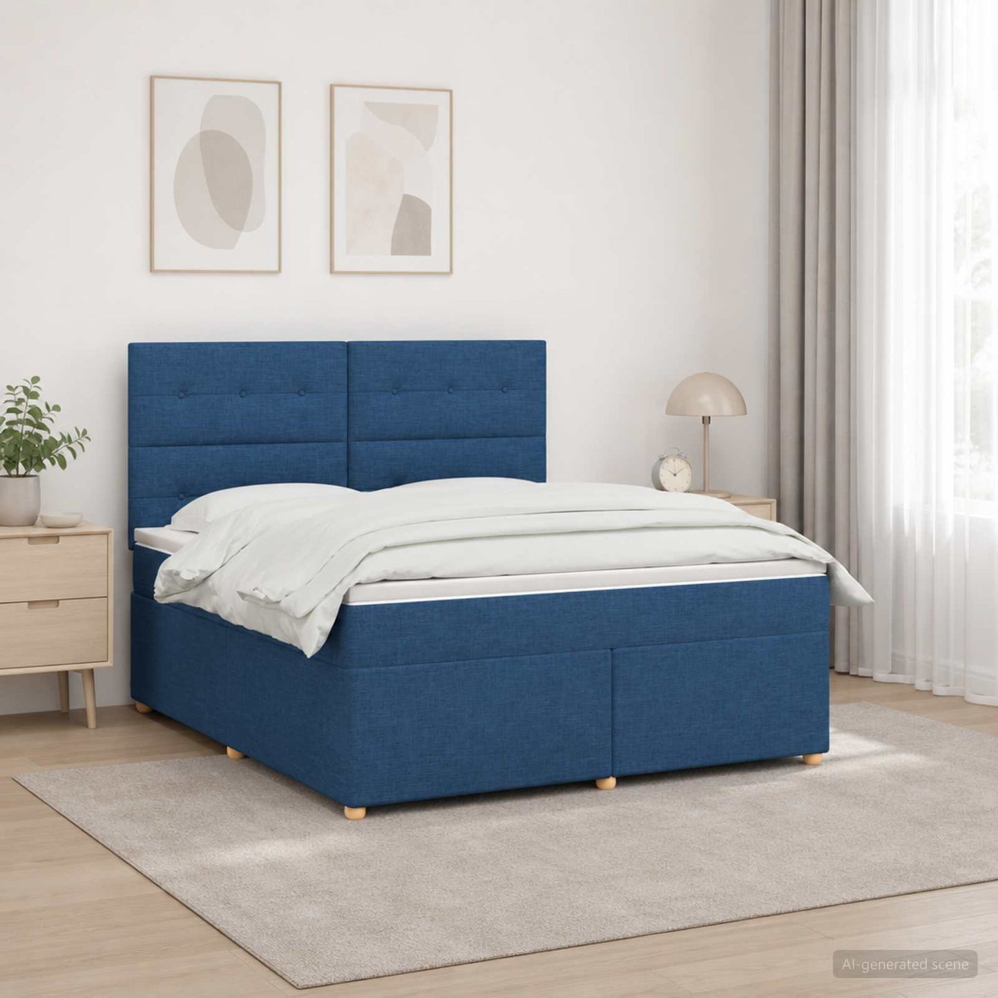 Boxmadras med topmadras med hovedgærde Blå 180 x 200 cm Stof