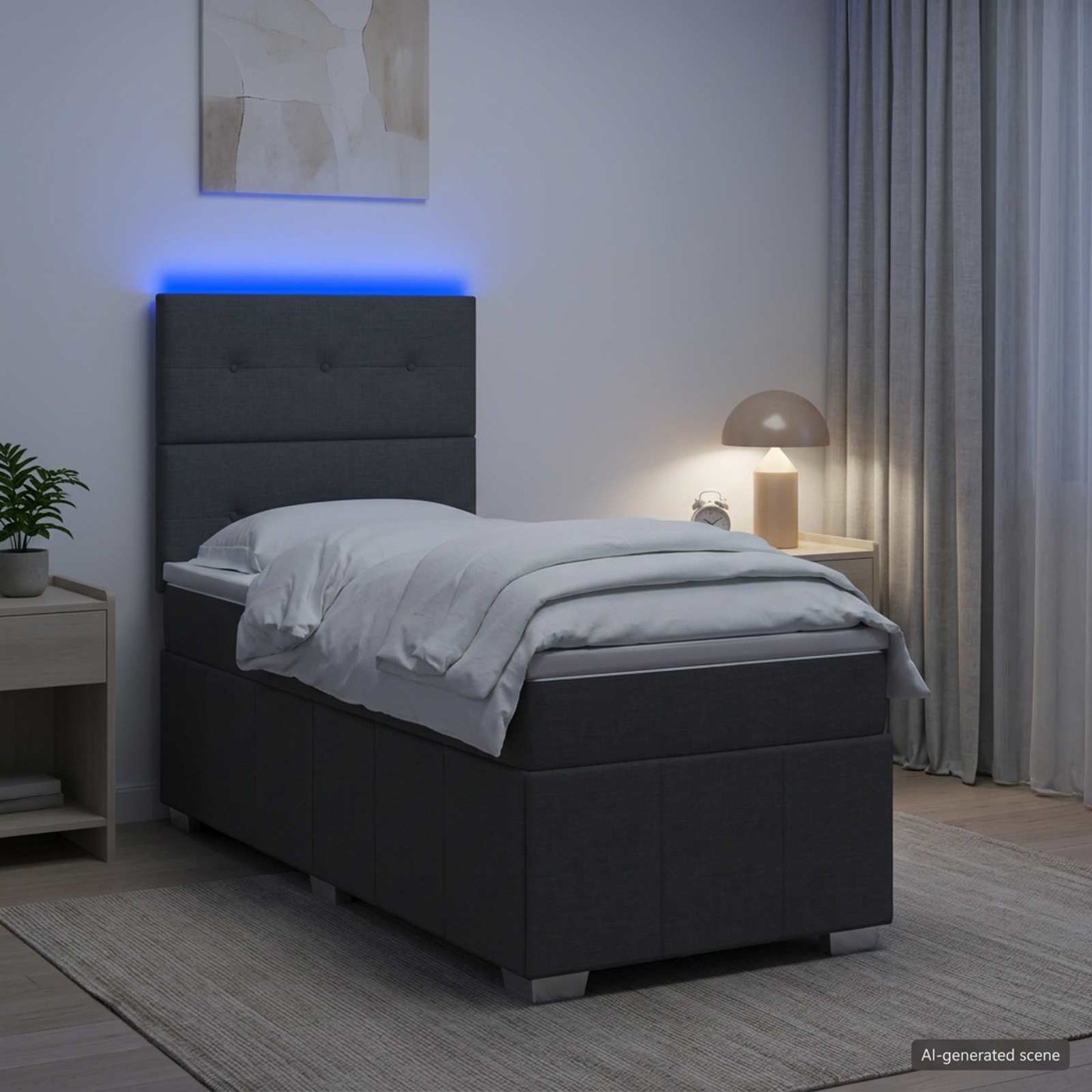 LED boksmadrasseng med madras Mørkegrå 100 x 200 cm Stof