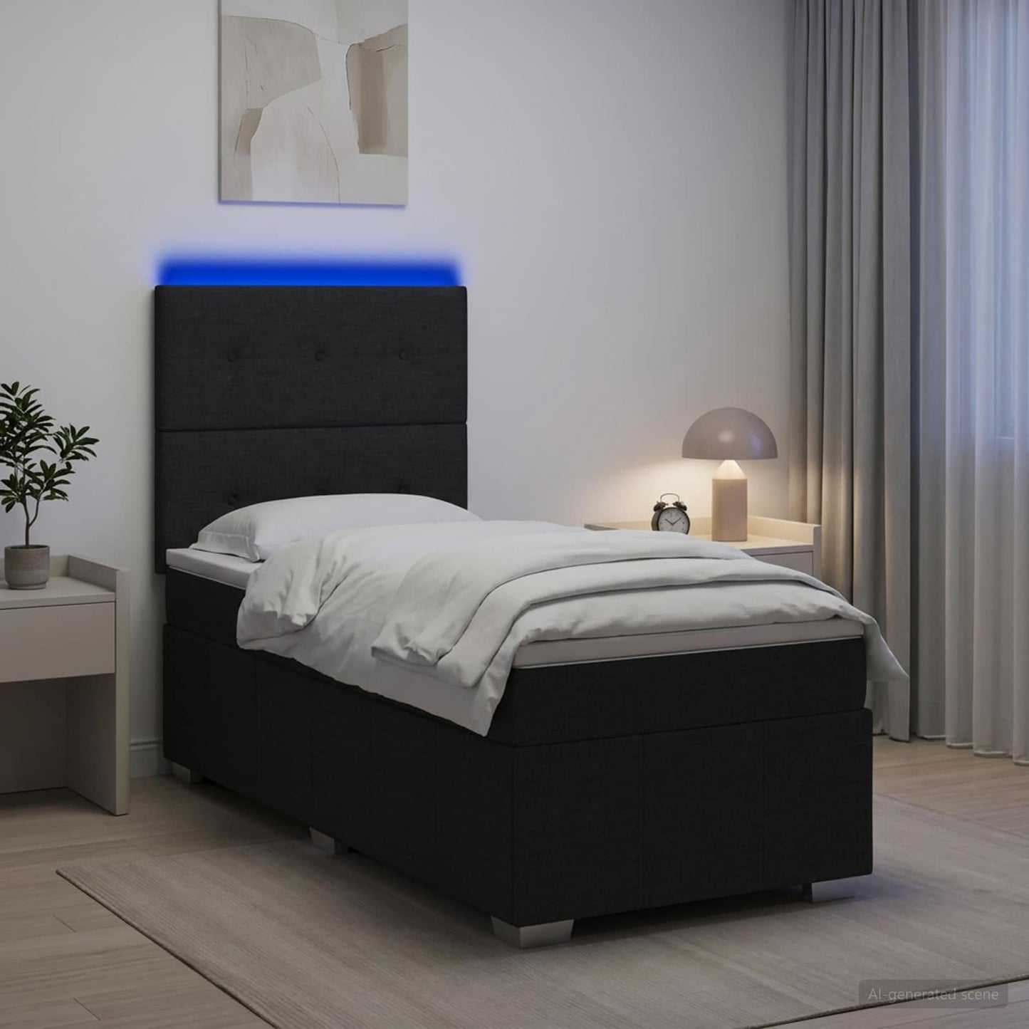 LED boksmadrasseng med madras Sort 100 x 200 cm Stof
