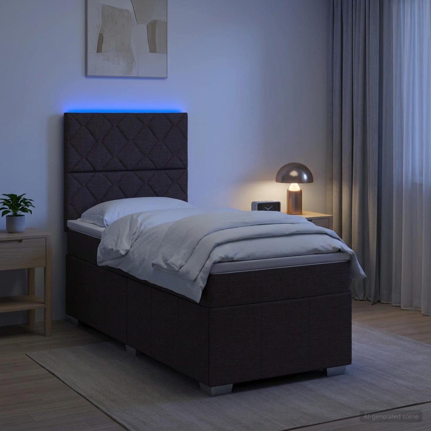 LED boksmadrasseng med madras Mørk Brun 90 x 200 cm Stof