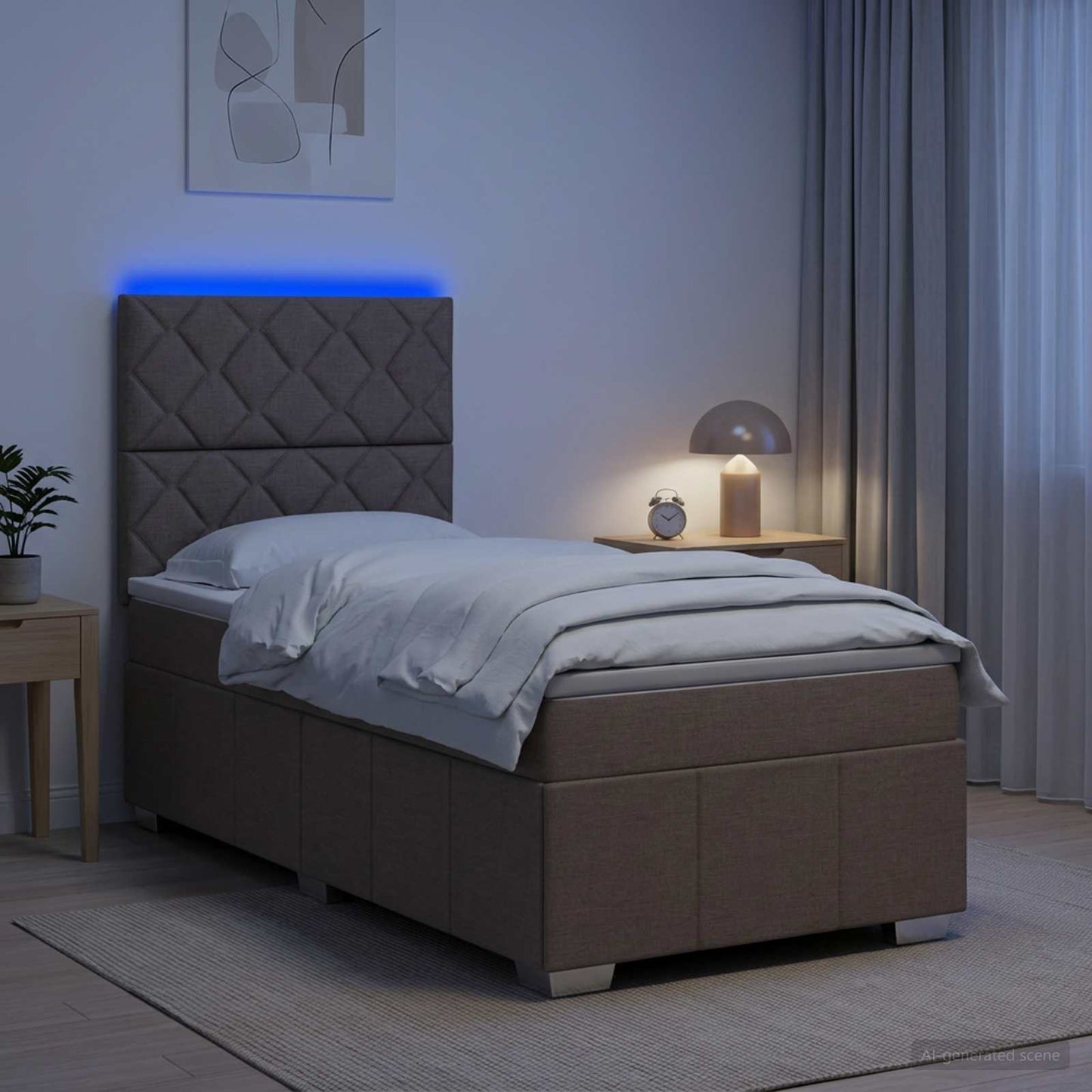 LED boksmadrasseng med madras Gråbrun 100 x 200 cm Stof