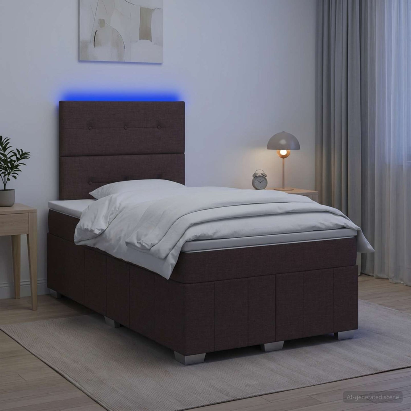 LED boksmadrasseng med madras Mørk Brun 120 x 190 cm Stof