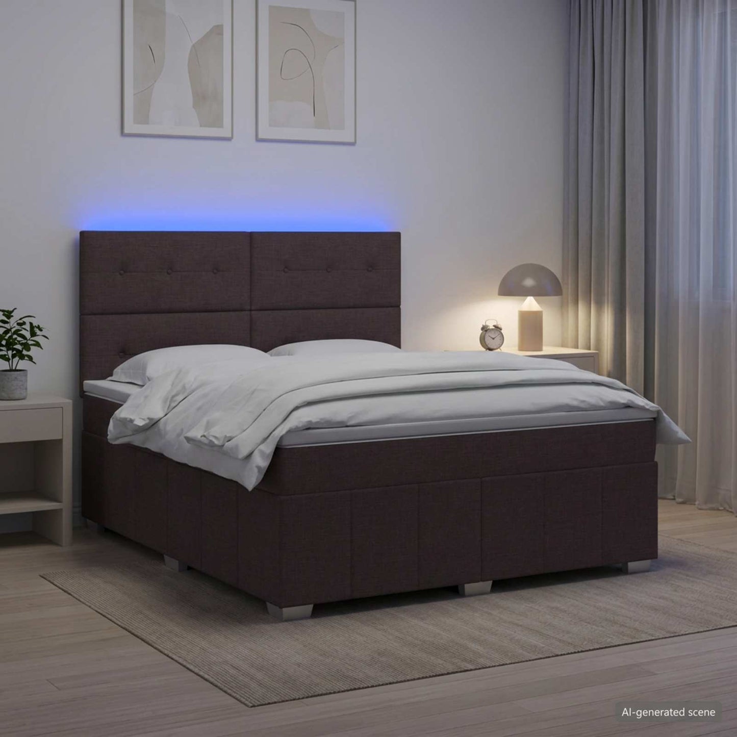 LED boksmadrasseng med madras Mørk Brun 180 x 200 cm Stof