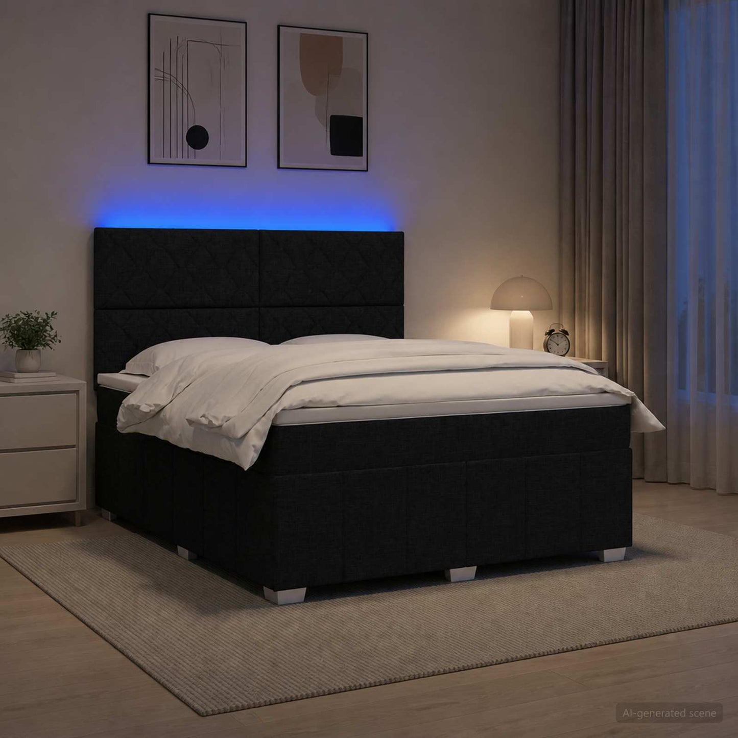 LED boksmadrasseng med madras Sort 140 x 190 cm Stof