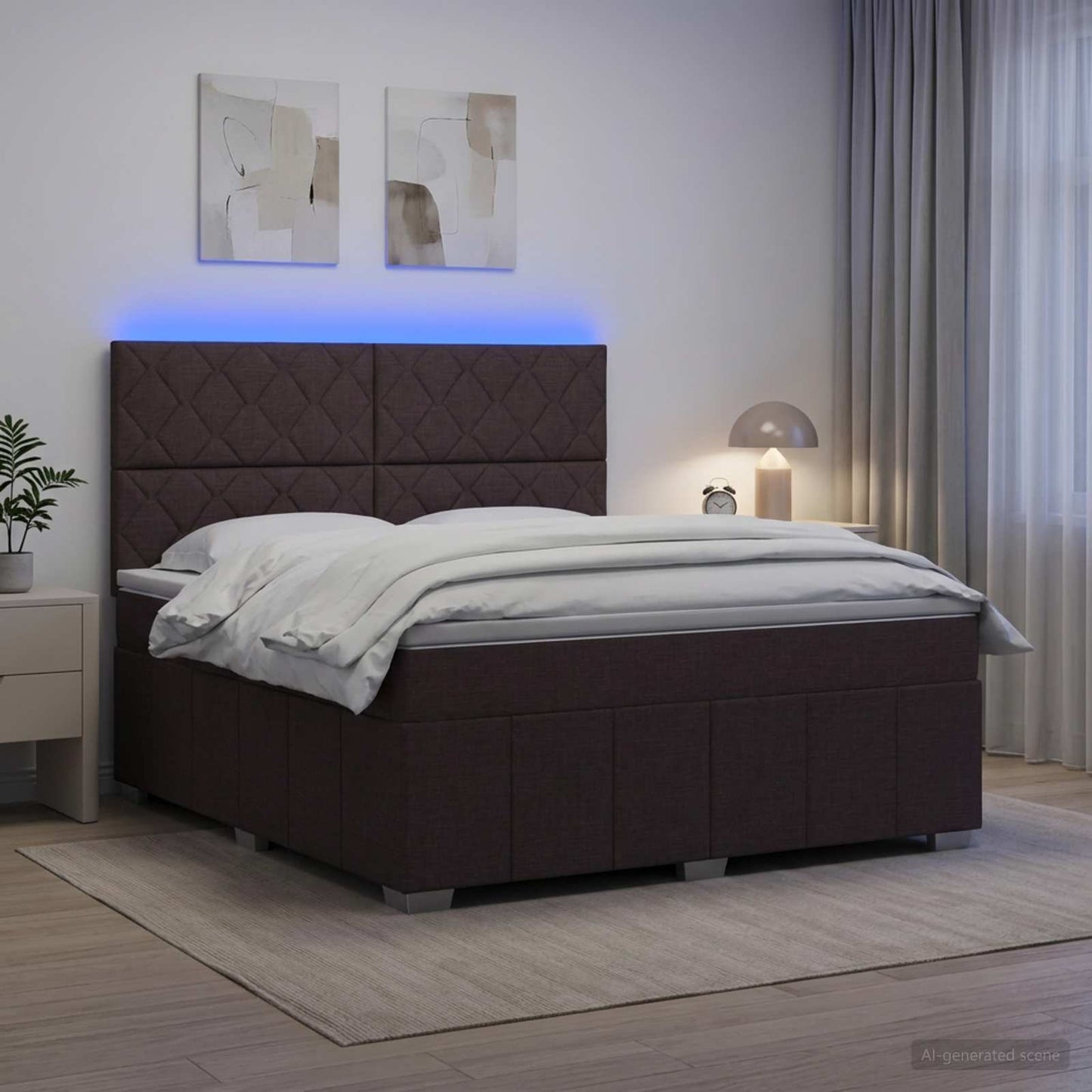 LED boksmadrasseng med madras Mørk Brun 140 x 200 cm Stof