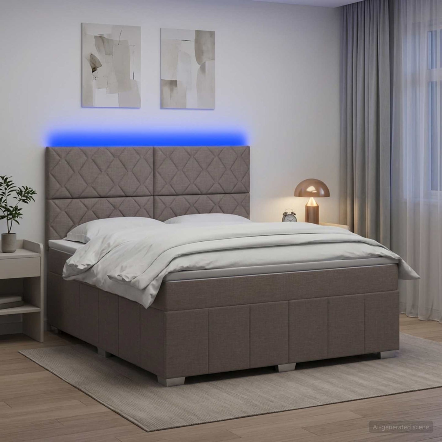 LED boksmadrasseng med madras Gråbrun 180 x 200 cm Stof