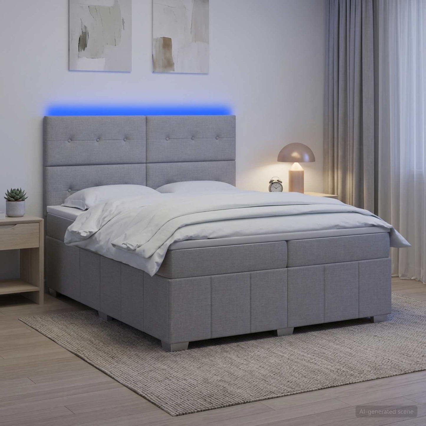 LED boksmadrasseng med madras Lysegrå 200 x 200 cm Stof