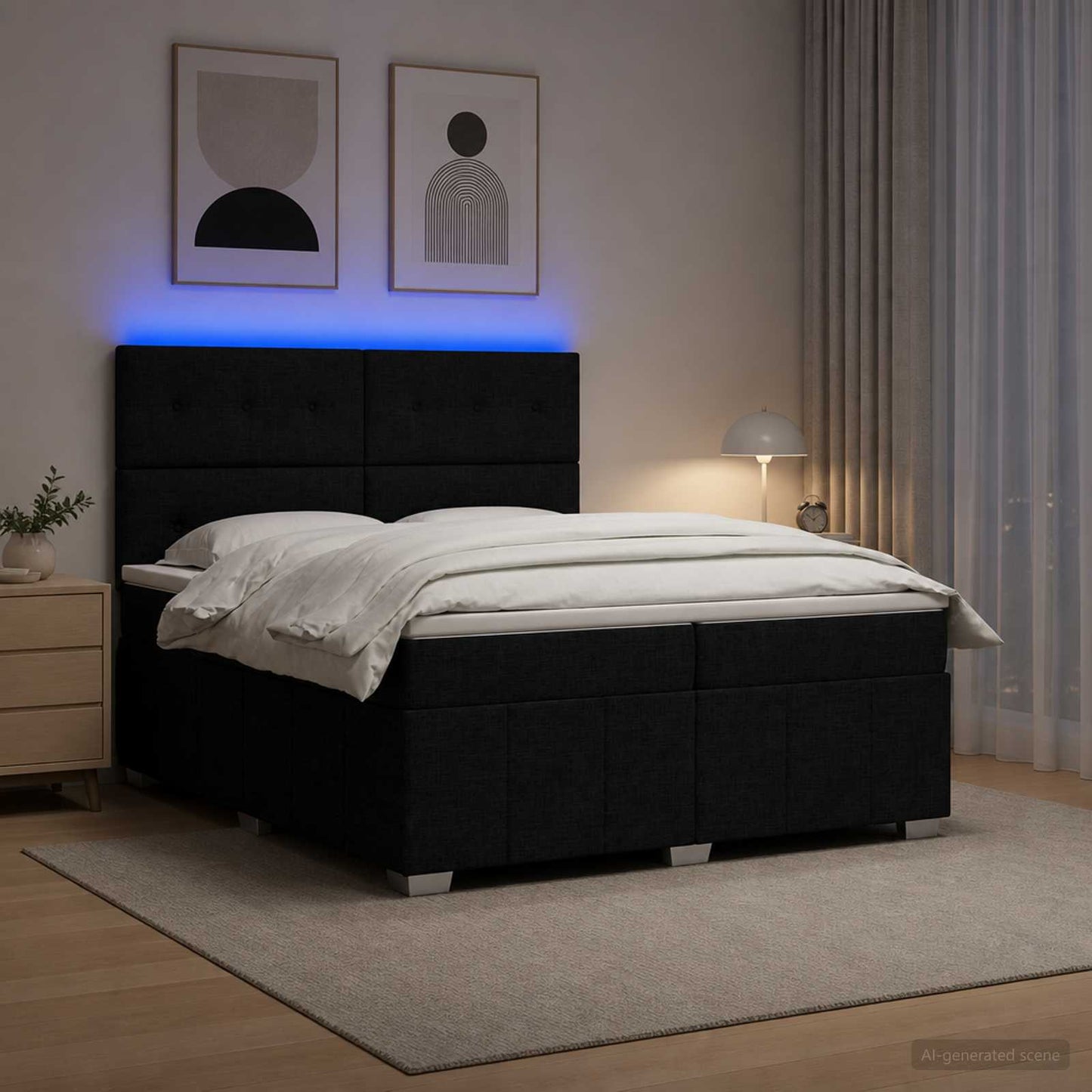 LED boksmadrasseng med madras Sort 200 x 200 cm Stof