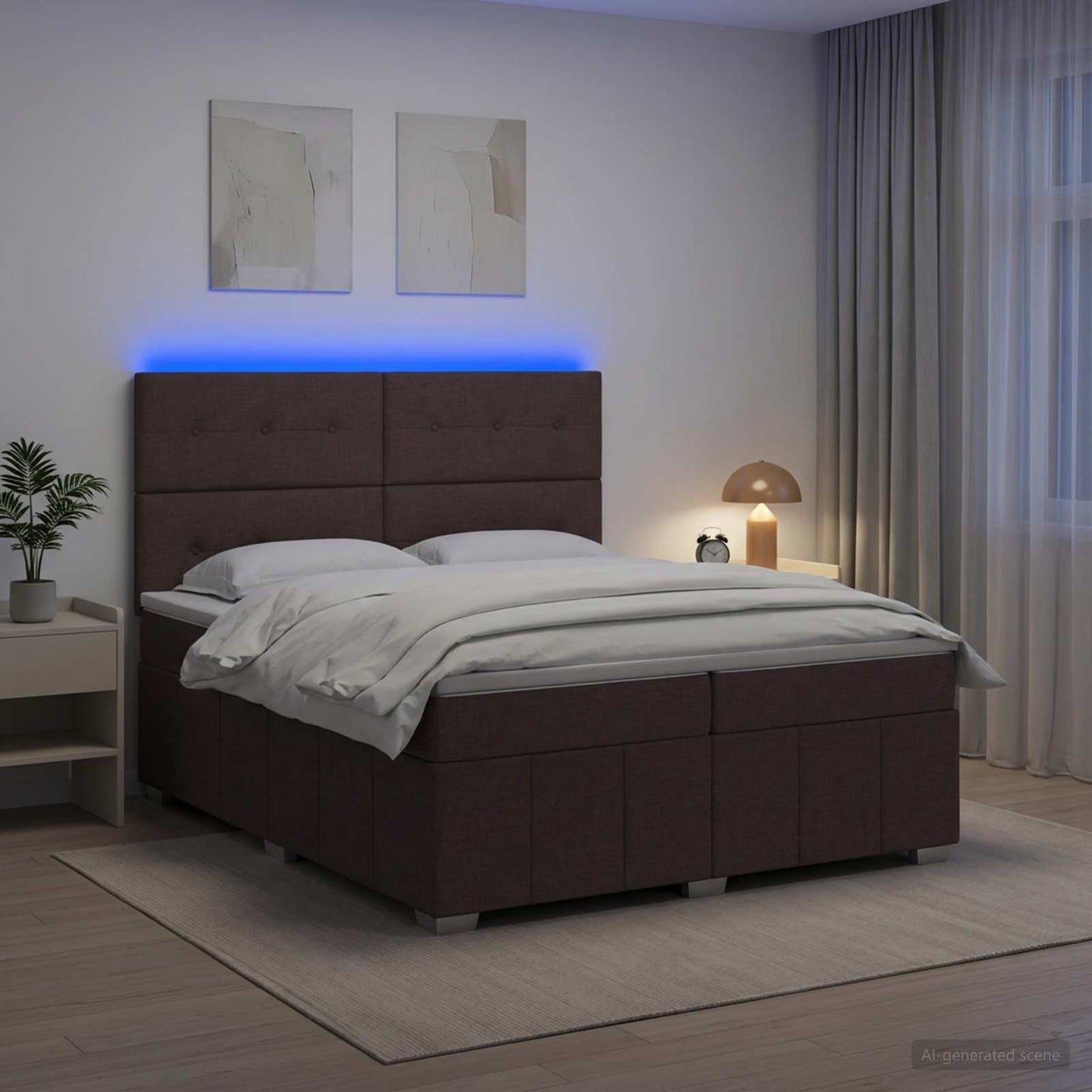 LED boksmadrasseng med madras Mørk Brun 200 x 200 cm Stof