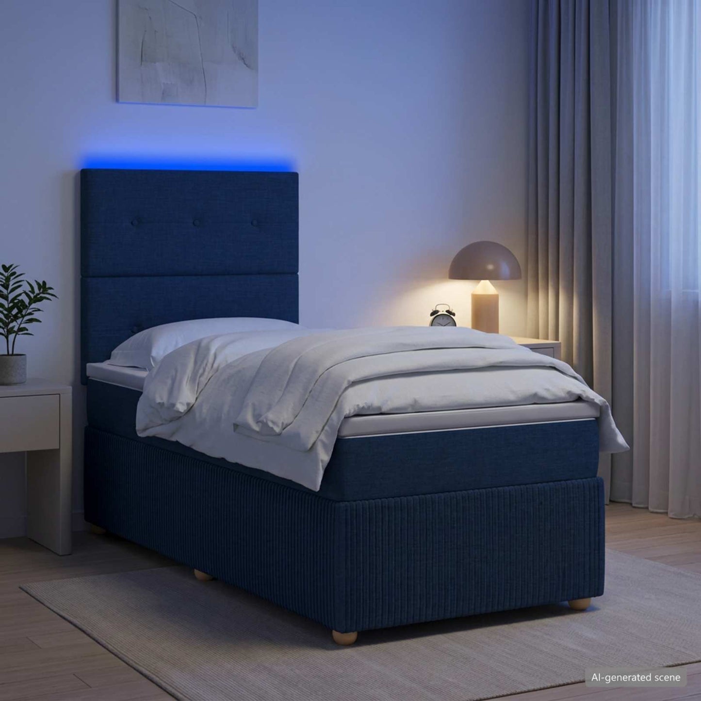 LED boksmadrasseng med madras Blå 90 x 190 cm Stof