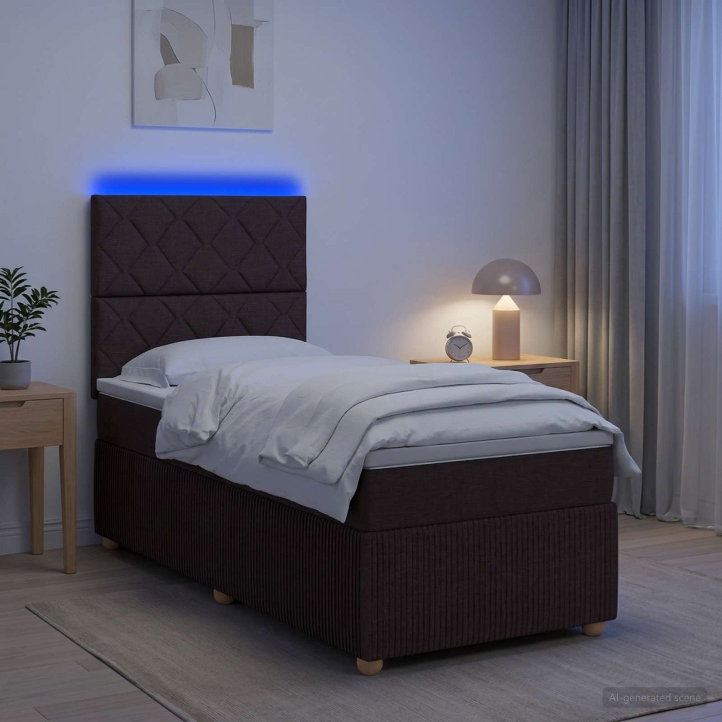LED boksmadrasseng med madras Mørk Brun 90 x 200 cm Stof