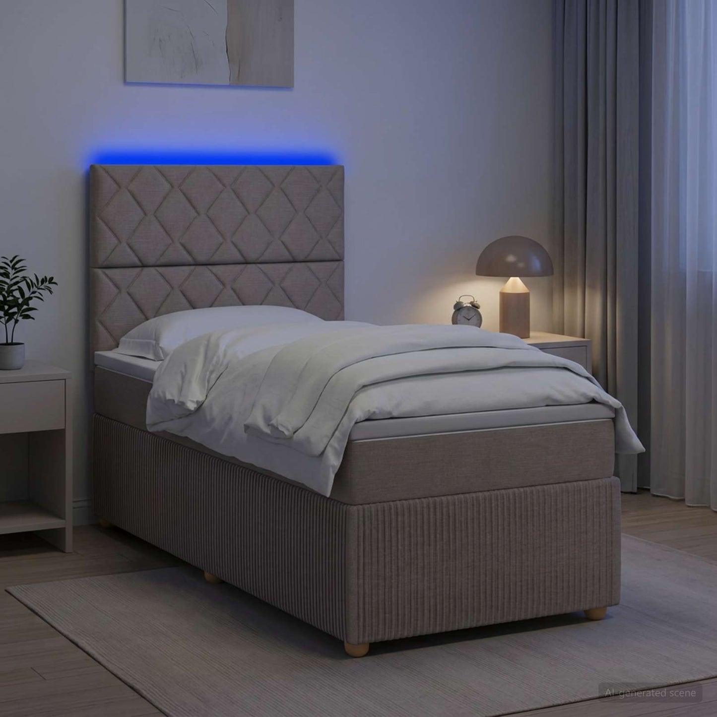 LED boksmadrasseng med madras Gråbrun 90 x 200 cm Stof
