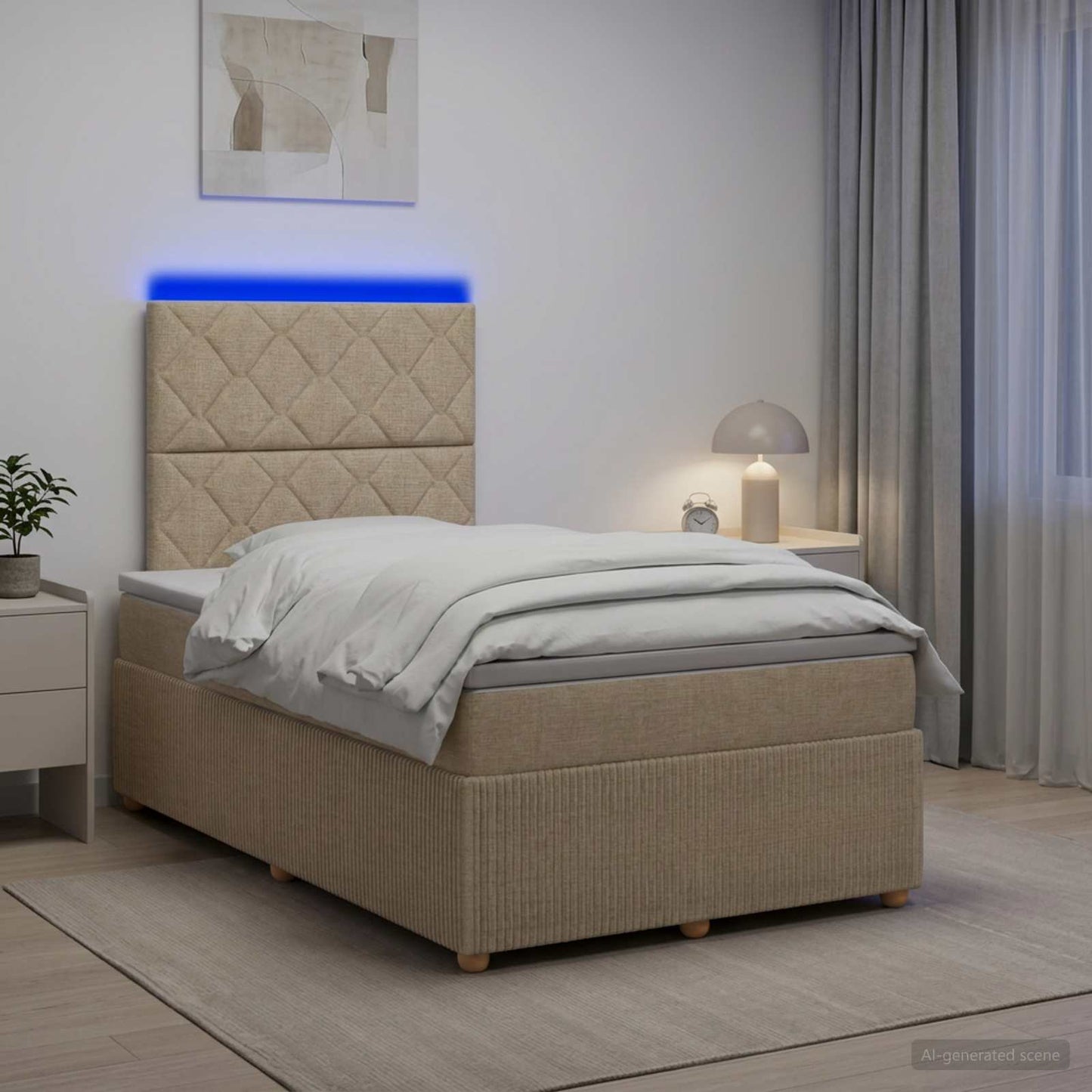 LED boksmadrasseng med madras Cremefarvet 120 x 200 cm Stof