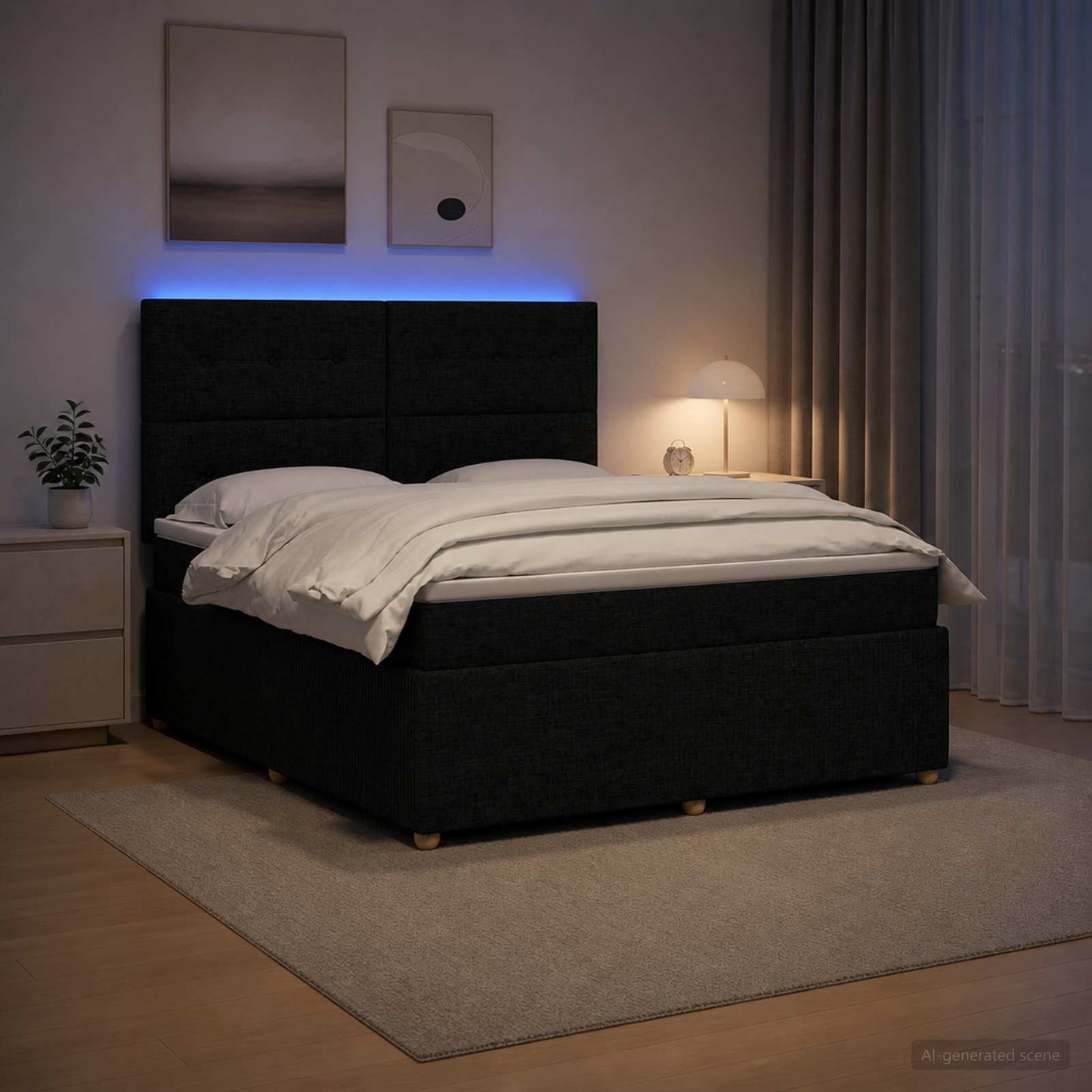 LED boksmadrasseng med madras Sort 140 x 190 cm Stof